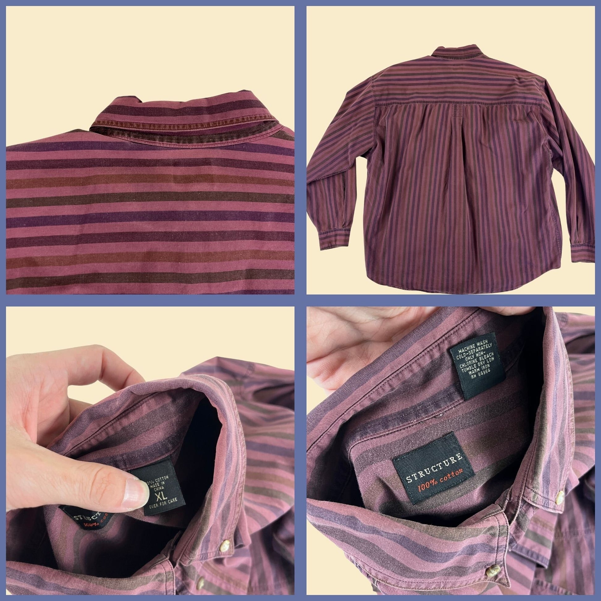 90s Structure men's XL shirt, vintage striped purple/brown men's button down toip