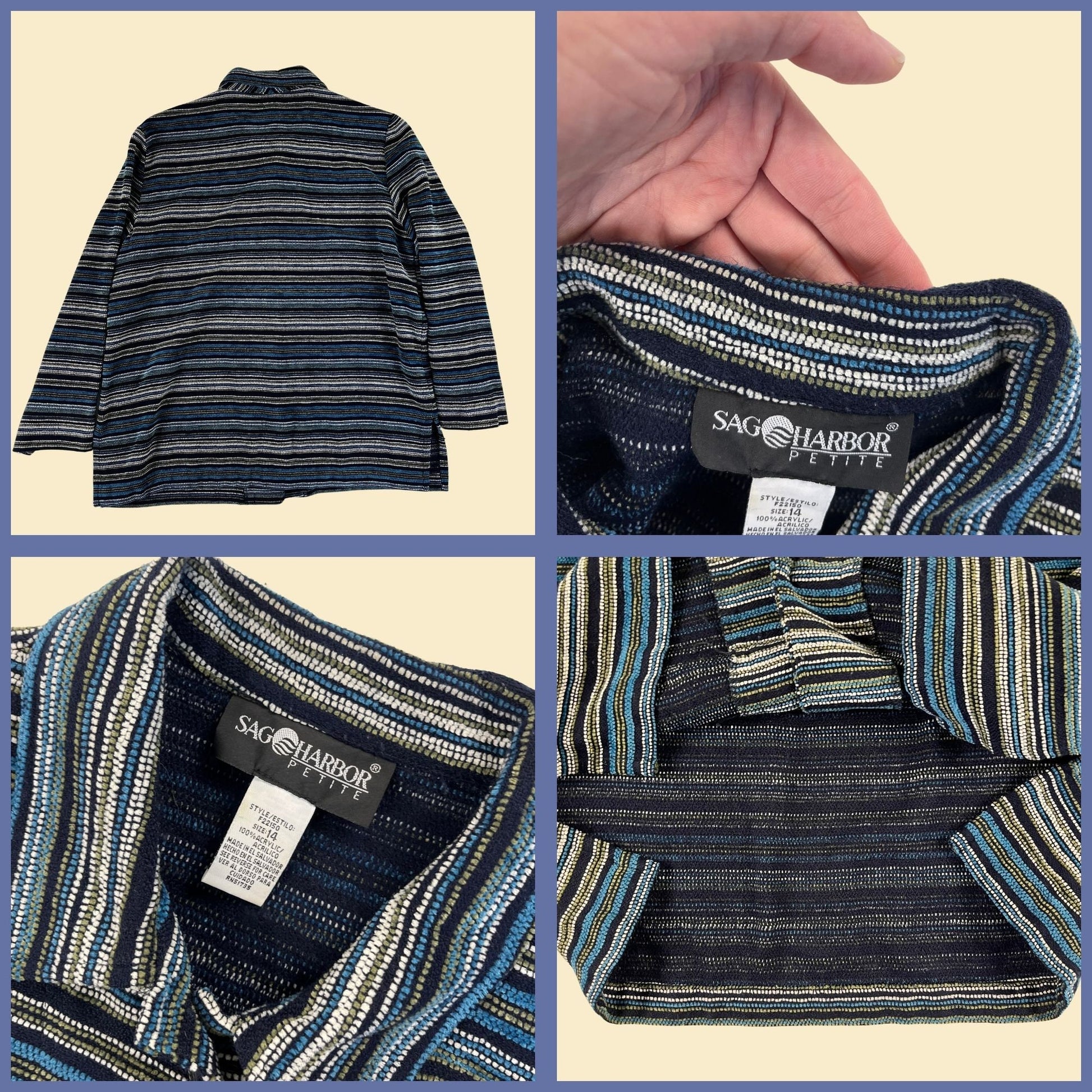 90s/Y2K women's jacket by Sag Harbor, size 14 blue/black striped button down sweater