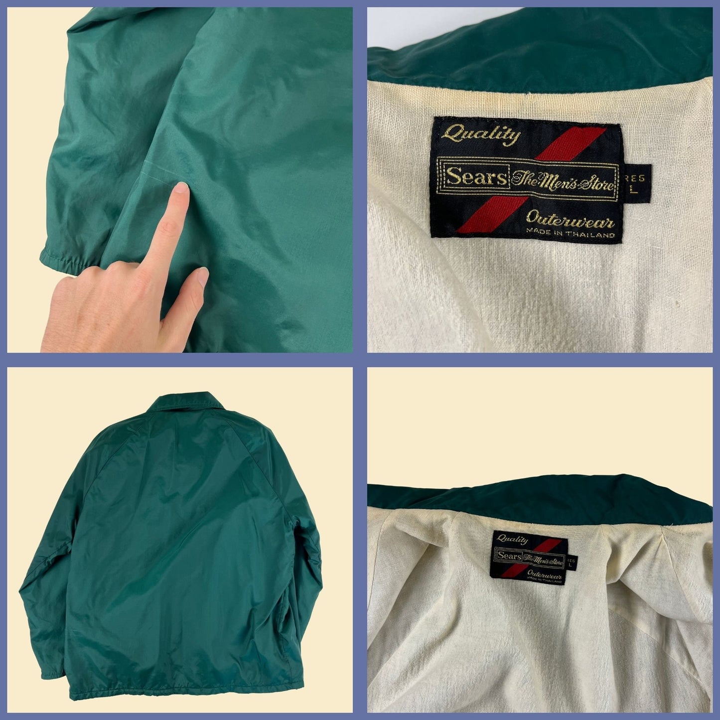 1970s L green windbreaker by Sears, vintage snap clasp lightweight jacket