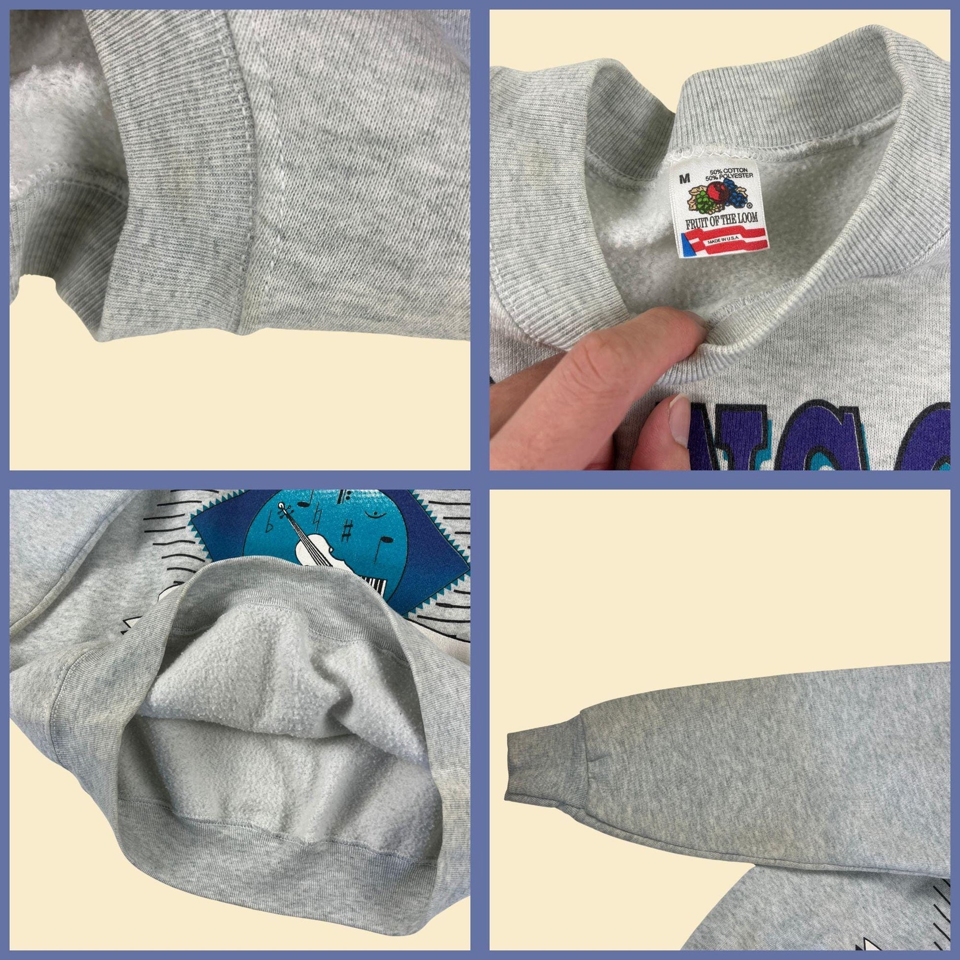 1995 M Branson crewneck sweatshirt, vintage 90s Music Show Capital grey pullover by Fruit of the Loom w/ purple & teal print