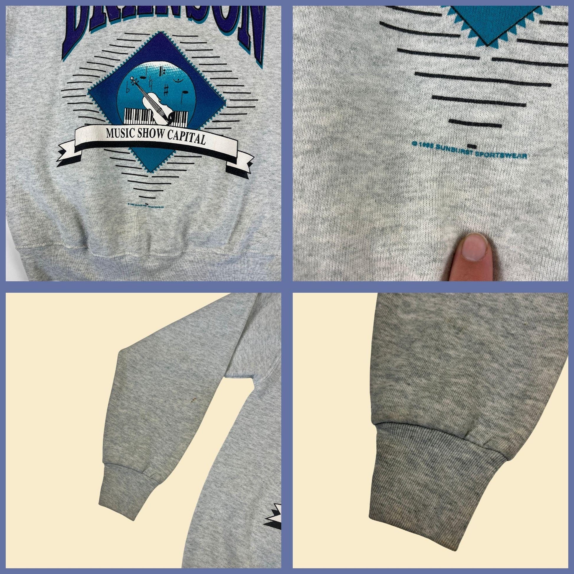 1995 M Branson crewneck sweatshirt, vintage 90s Music Show Capital grey pullover by Fruit of the Loom w/ purple & teal print