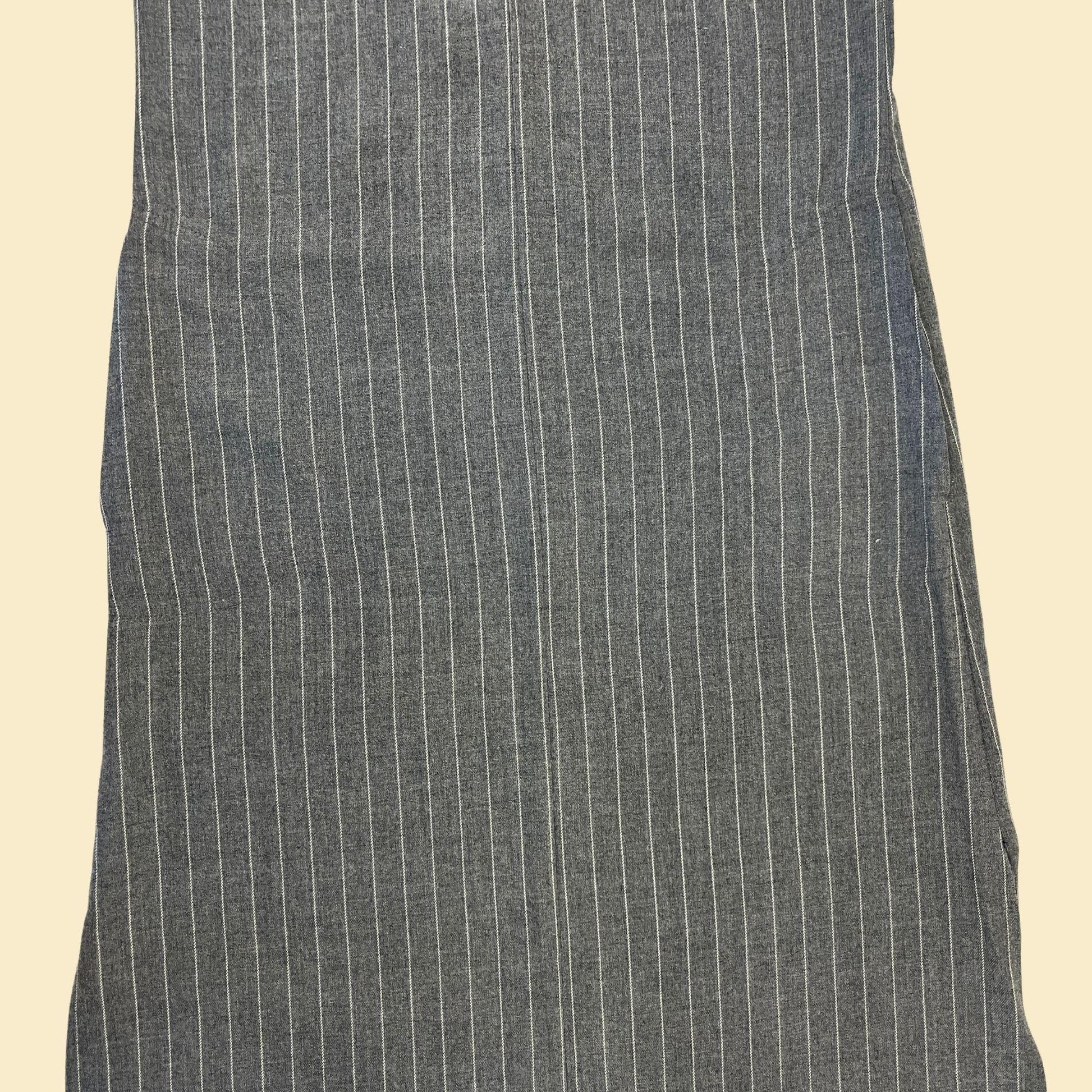 1970s pinstripe shift dress by Patty O'Neil, vintage striped grey midi v-neck sleeveless dress