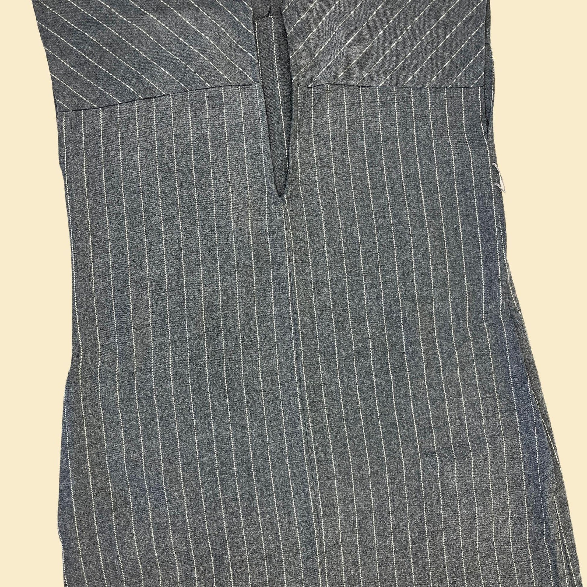 1970s pinstripe shift dress by Patty O'Neil, vintage striped grey midi v-neck sleeveless dress