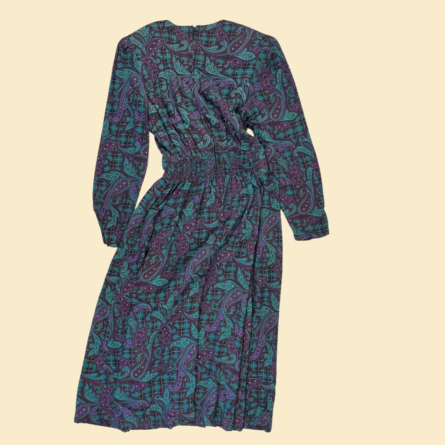 1980s paisley purple & teal dress, vintage size 10 pleated long sleeve maxi dress