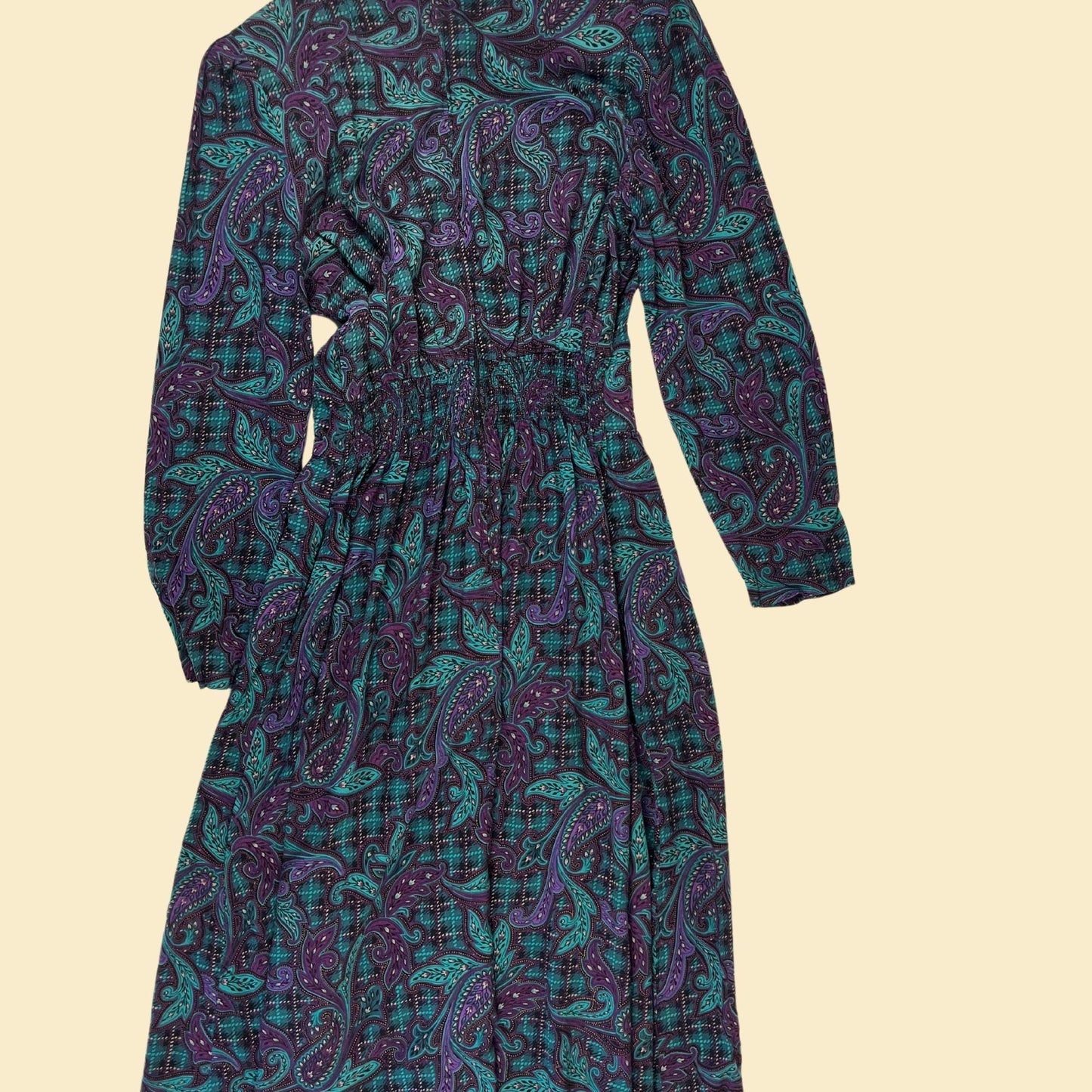 1980s paisley purple & teal dress, vintage size 10 pleated long sleeve maxi dress