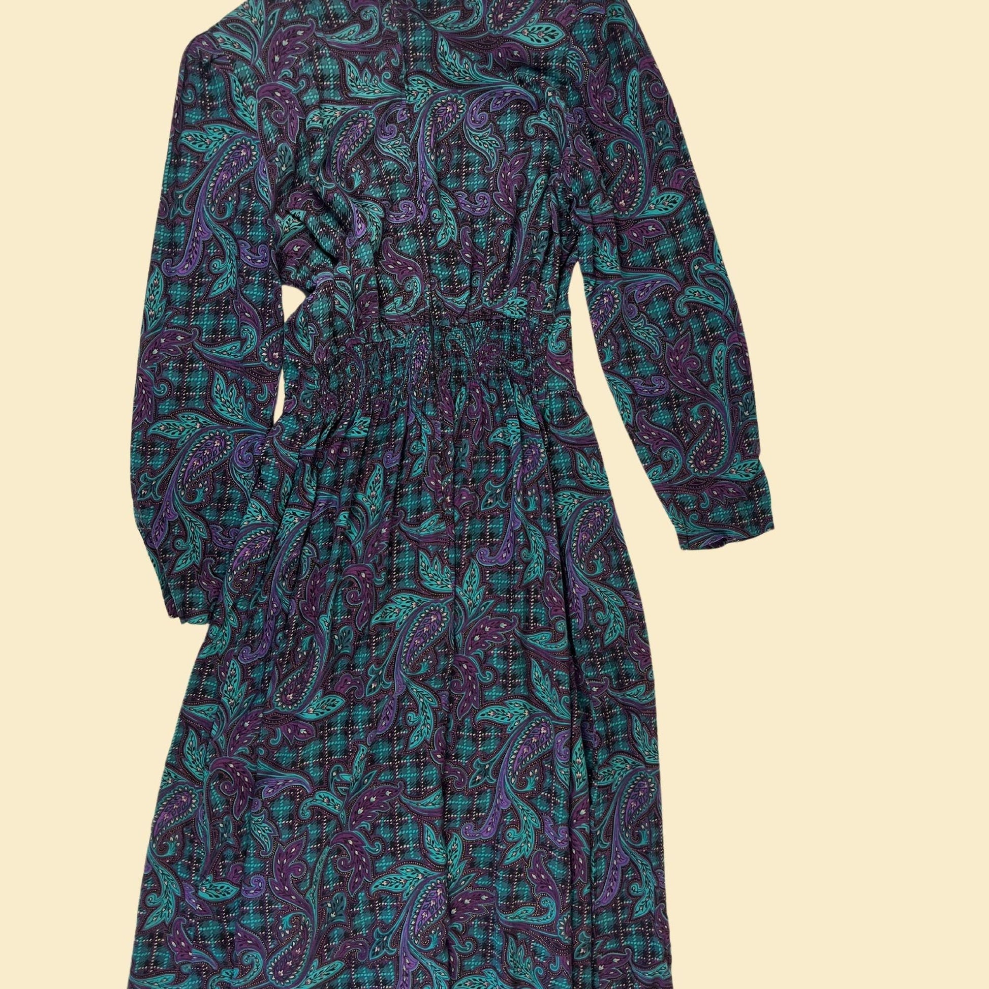 1980s paisley purple & teal dress, vintage size 10 pleated long sleeve maxi dress