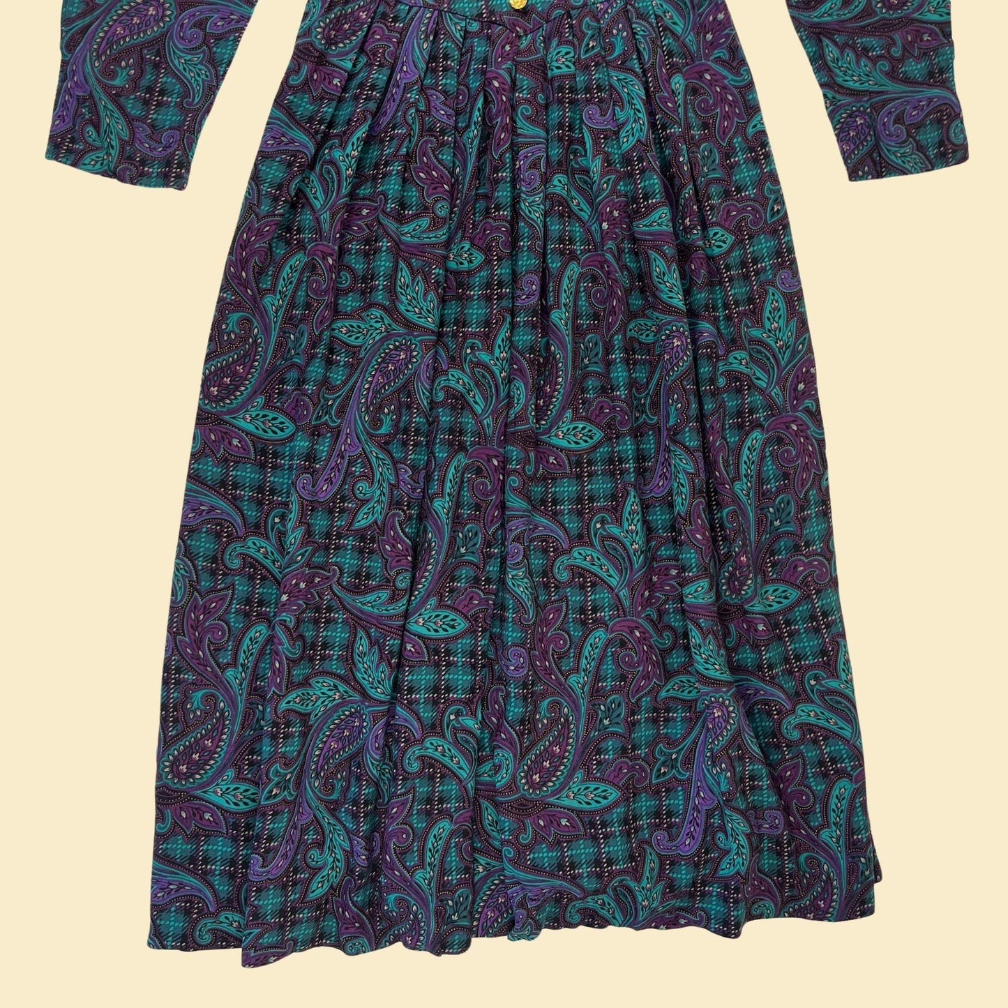 1980s paisley purple & teal dress, vintage size 10 pleated long sleeve maxi dress