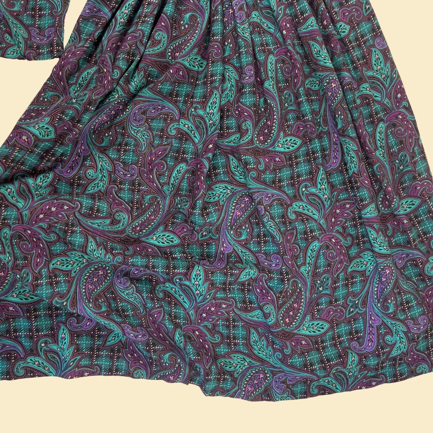 1980s paisley purple & teal dress, vintage size 10 pleated long sleeve maxi dress