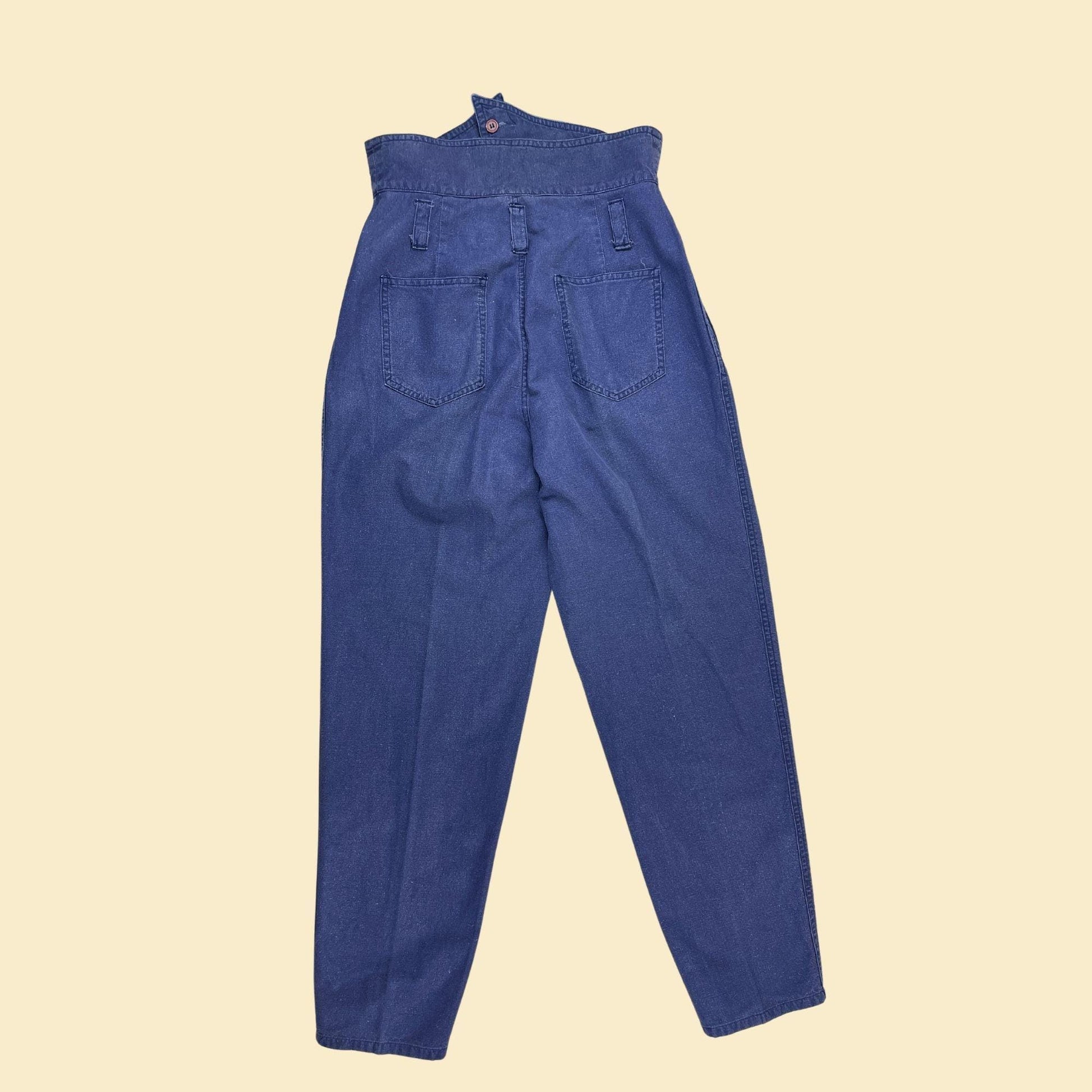 1970s high waisted pants by My Pantalon, size 11/12 vintage super high-rise blue rami & cotton straight leg pants