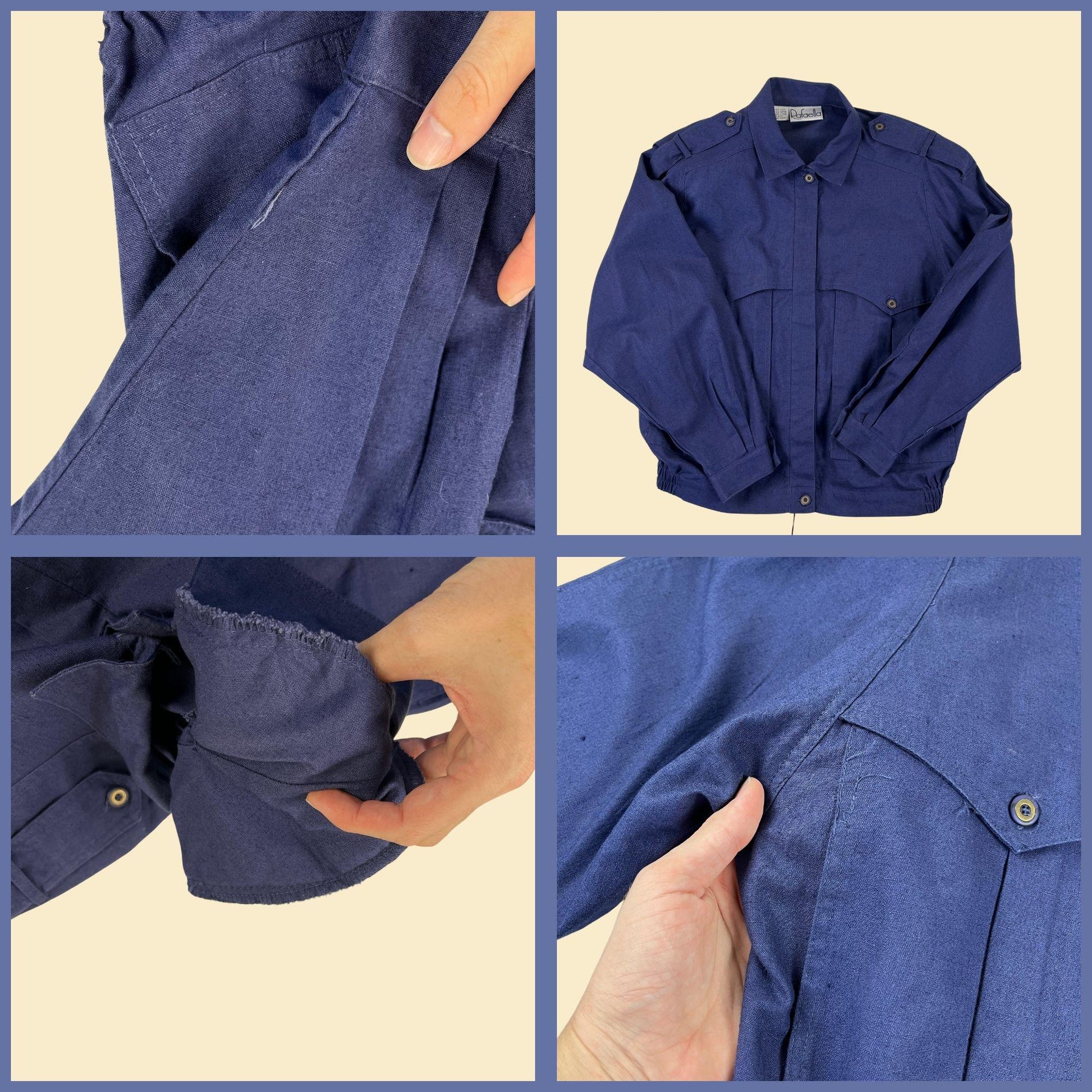 1980s navy blue linen blouse, size 8 vintage women's button down shoulder strap shirt