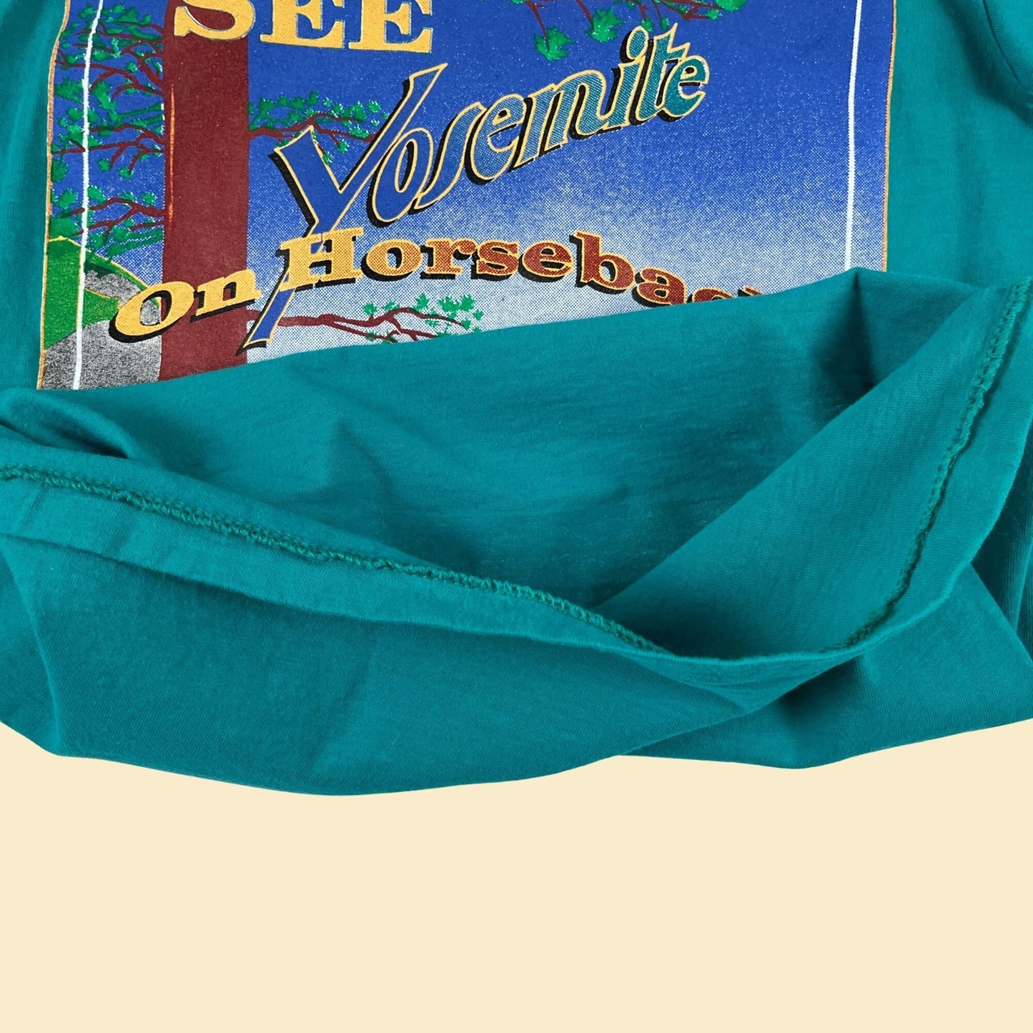 1990s S Yosemite t-shirt by Delta, vintage single stitch teal 'See Yosemite on Horseback' tee