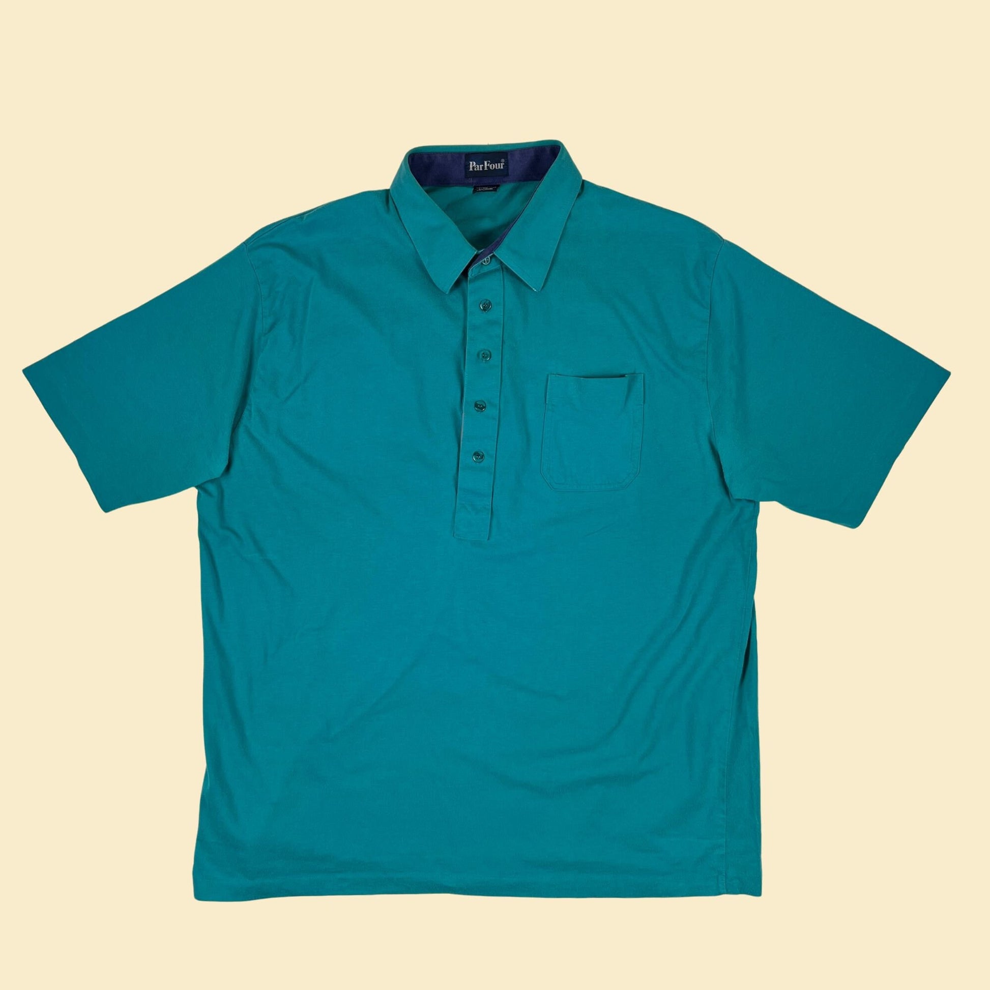 90s XL teal polo shirt by Par Four, vintage teal/pink/purple 5 button polo men's shirt