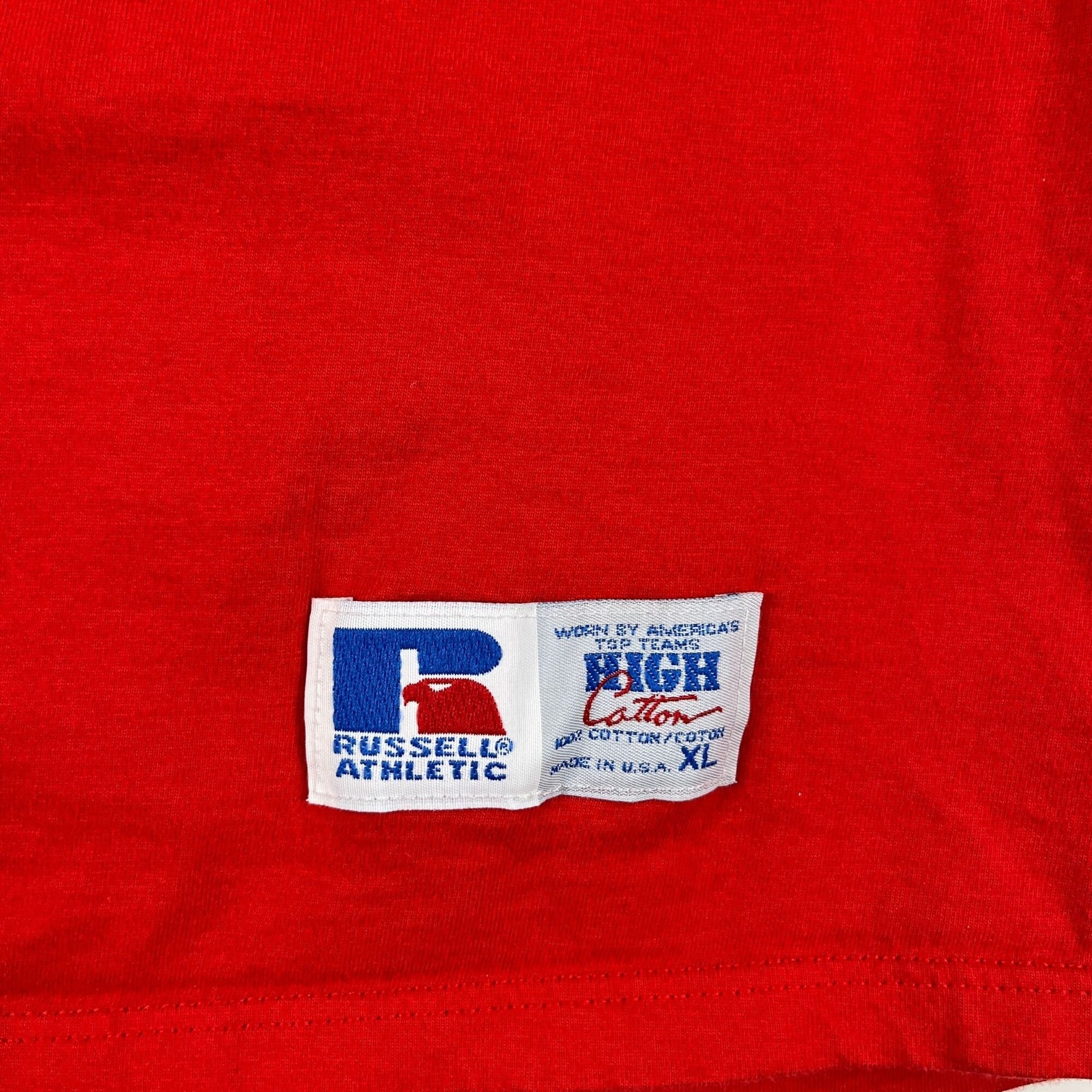 90s XL Russell Athletic t-shirt, vintage solid red pocket crewneck tee, USA made