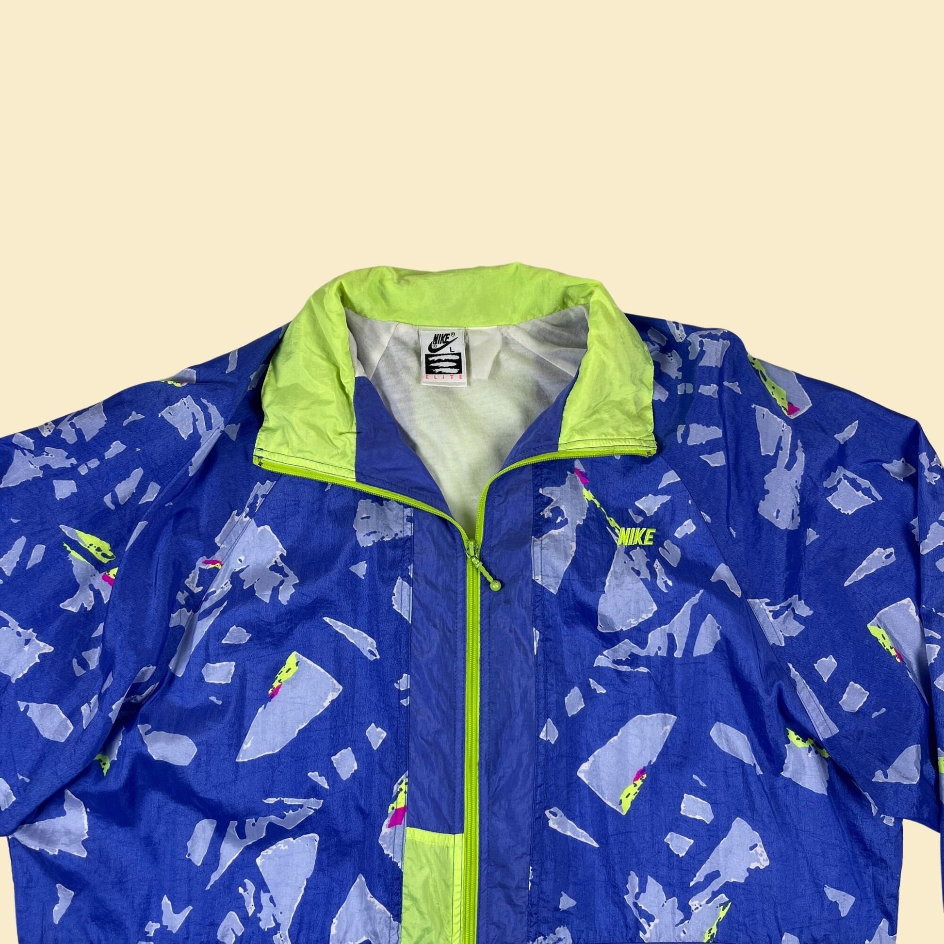 90s Nike Elite L windbreaker jacket, vintage blue & neon yellow zip up track jacket