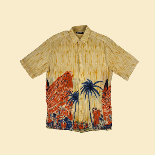 90s S novelty print shirt by Puritan, vintage beach/city scene men's yellow button down top