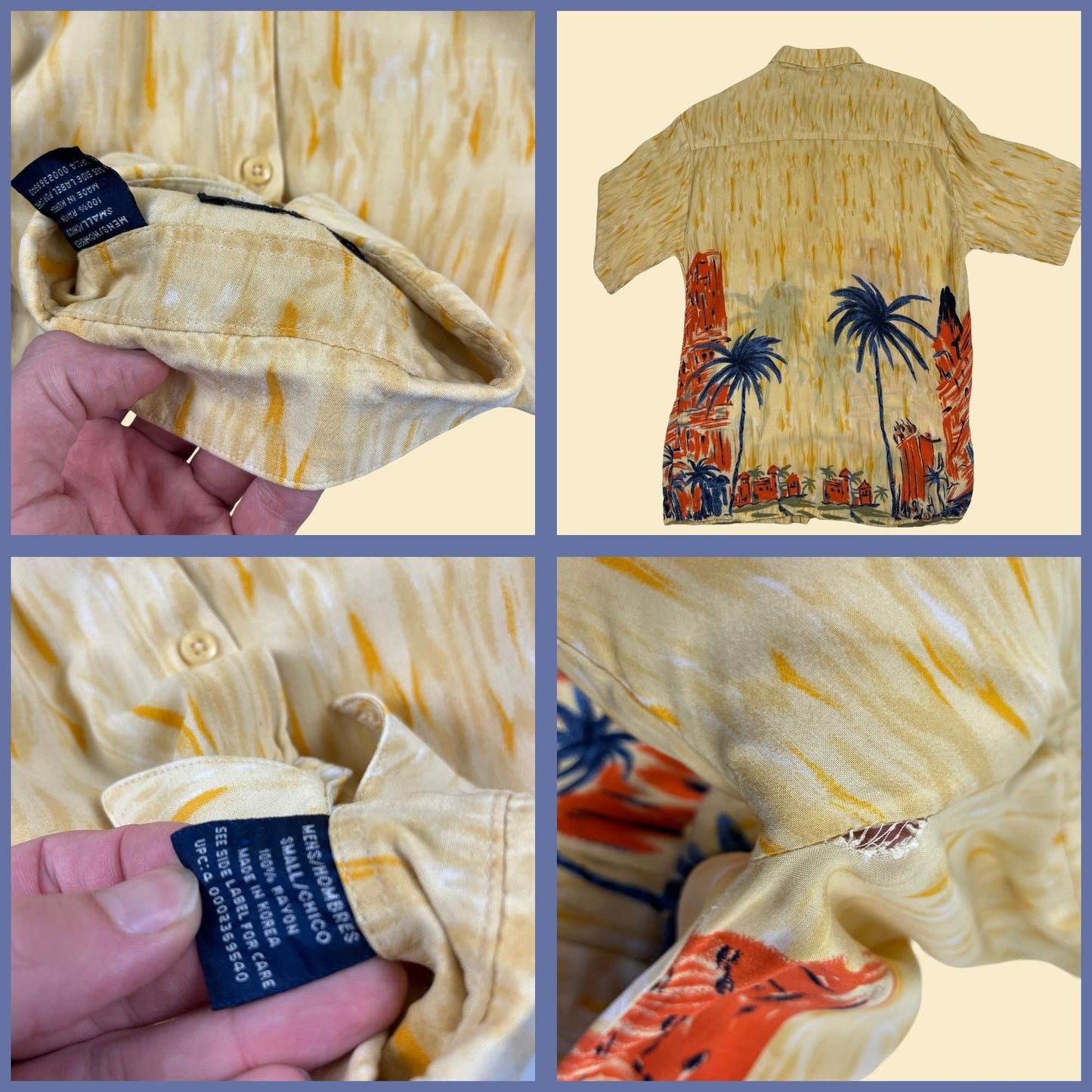 90s S novelty print shirt by Puritan, vintage beach/city scene men's yellow button down top