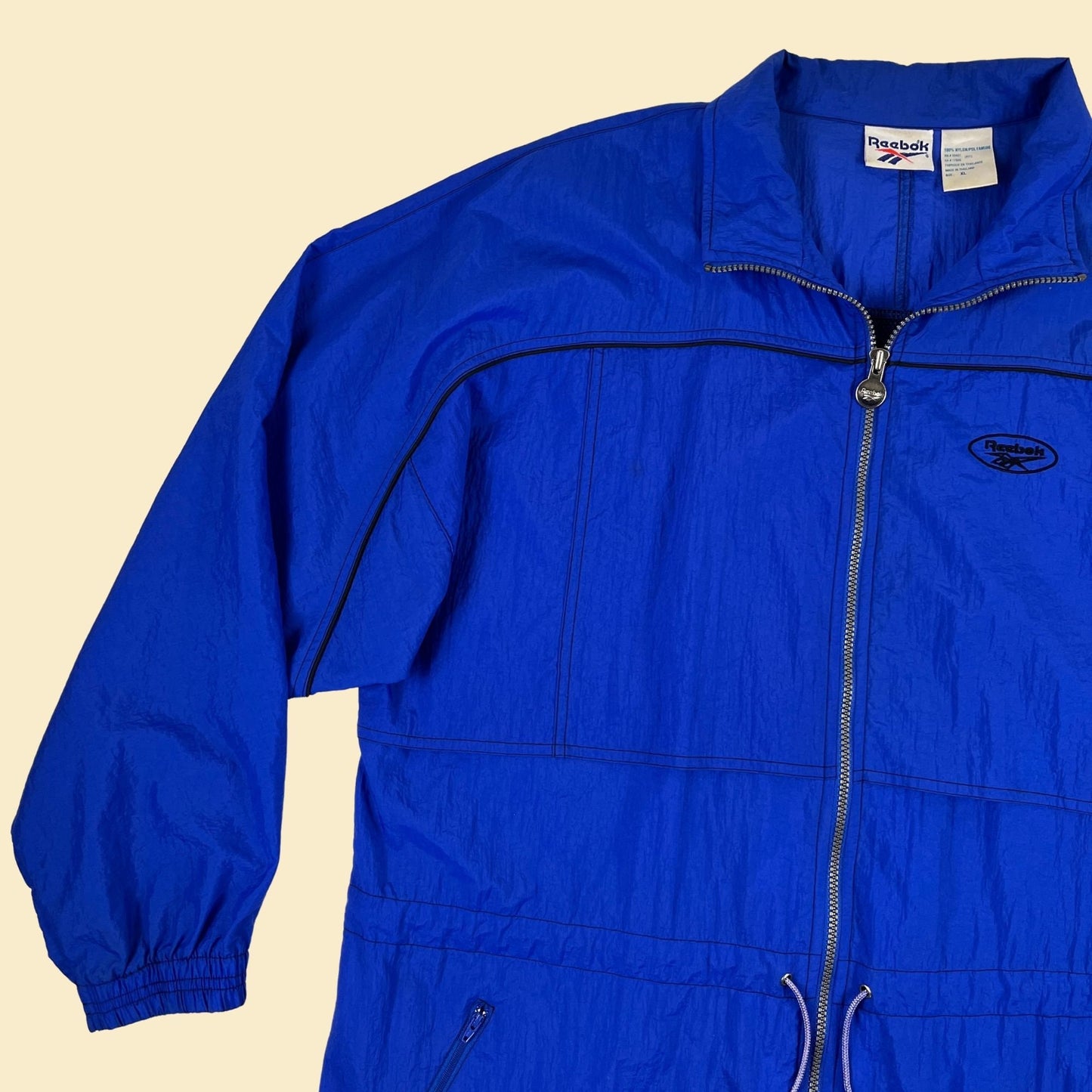 90s XL Reebok windbreaker, vintage blue & black zip up nylon track jacket