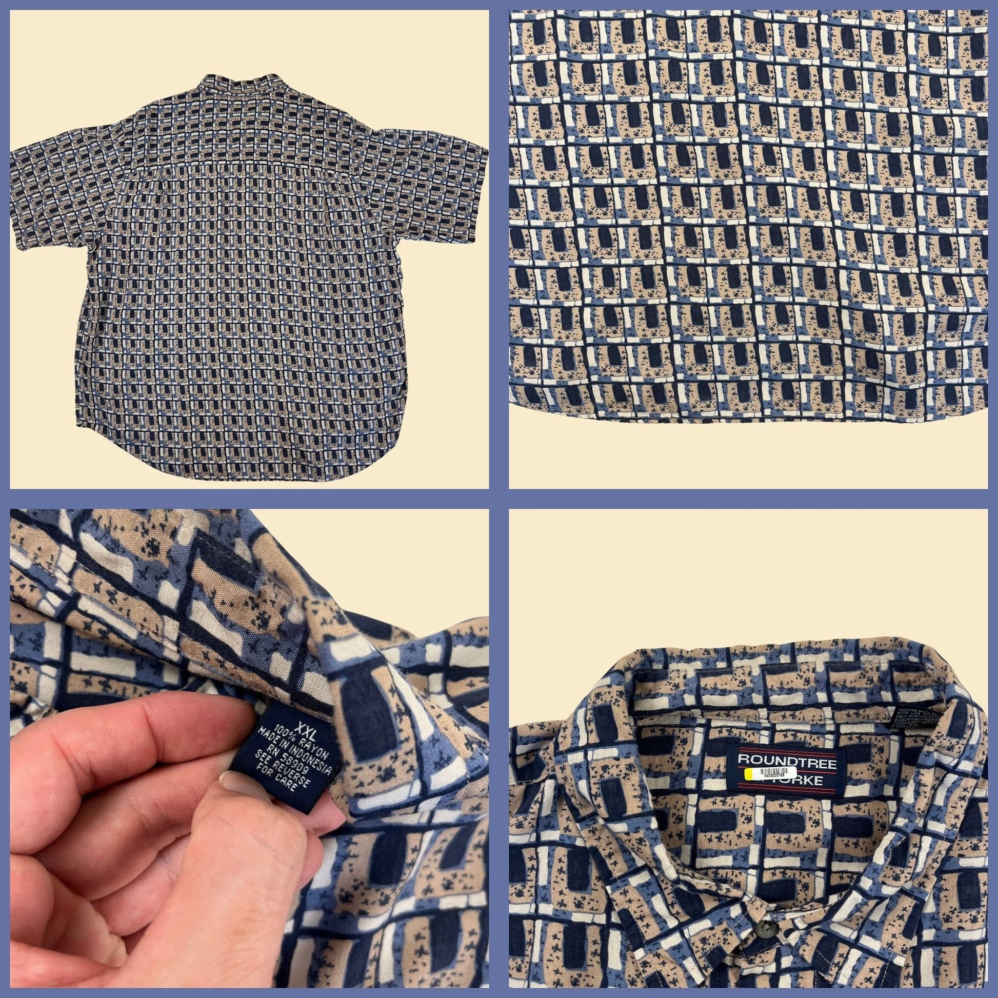 90s XXL geometric rayon shirt, vintage men's rayon button down by Roundtree & Yorke