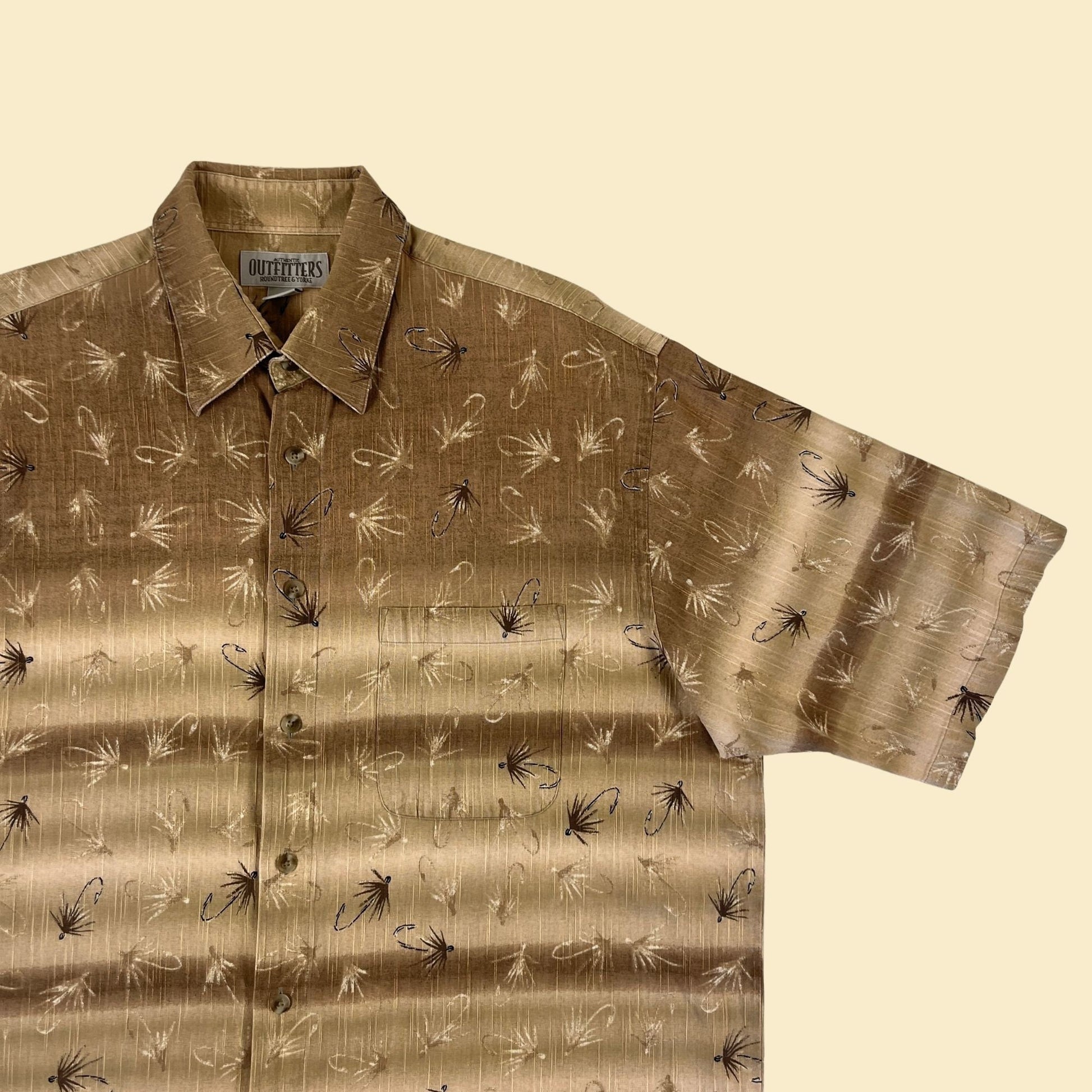 90s XLT abstract brown shirt w/ umbrella pattern, vintage men's short sleeve button down by Roundtree & Yorke