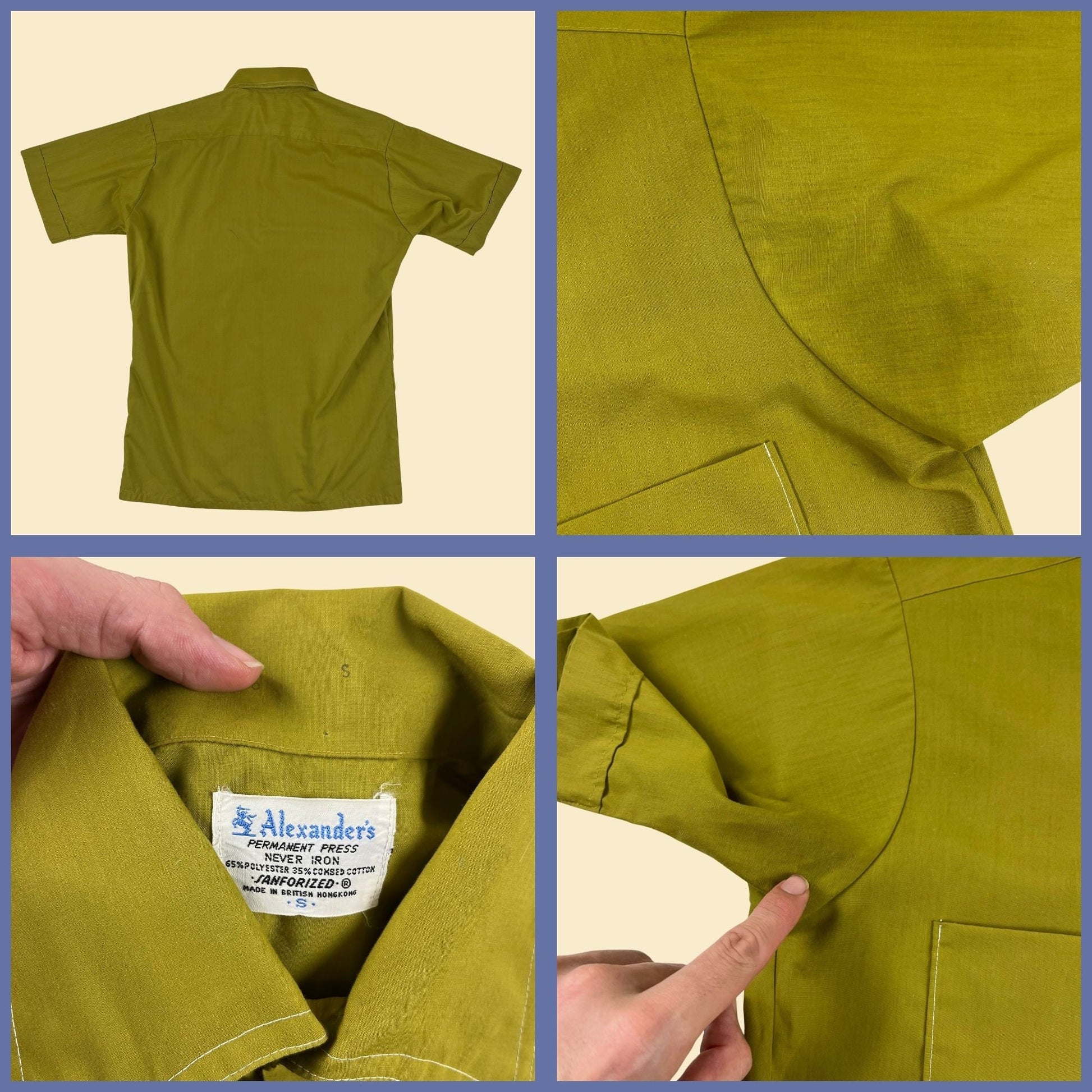 1970s S green shirt by Alexander's, vintage men's lime green button down short sleeve top