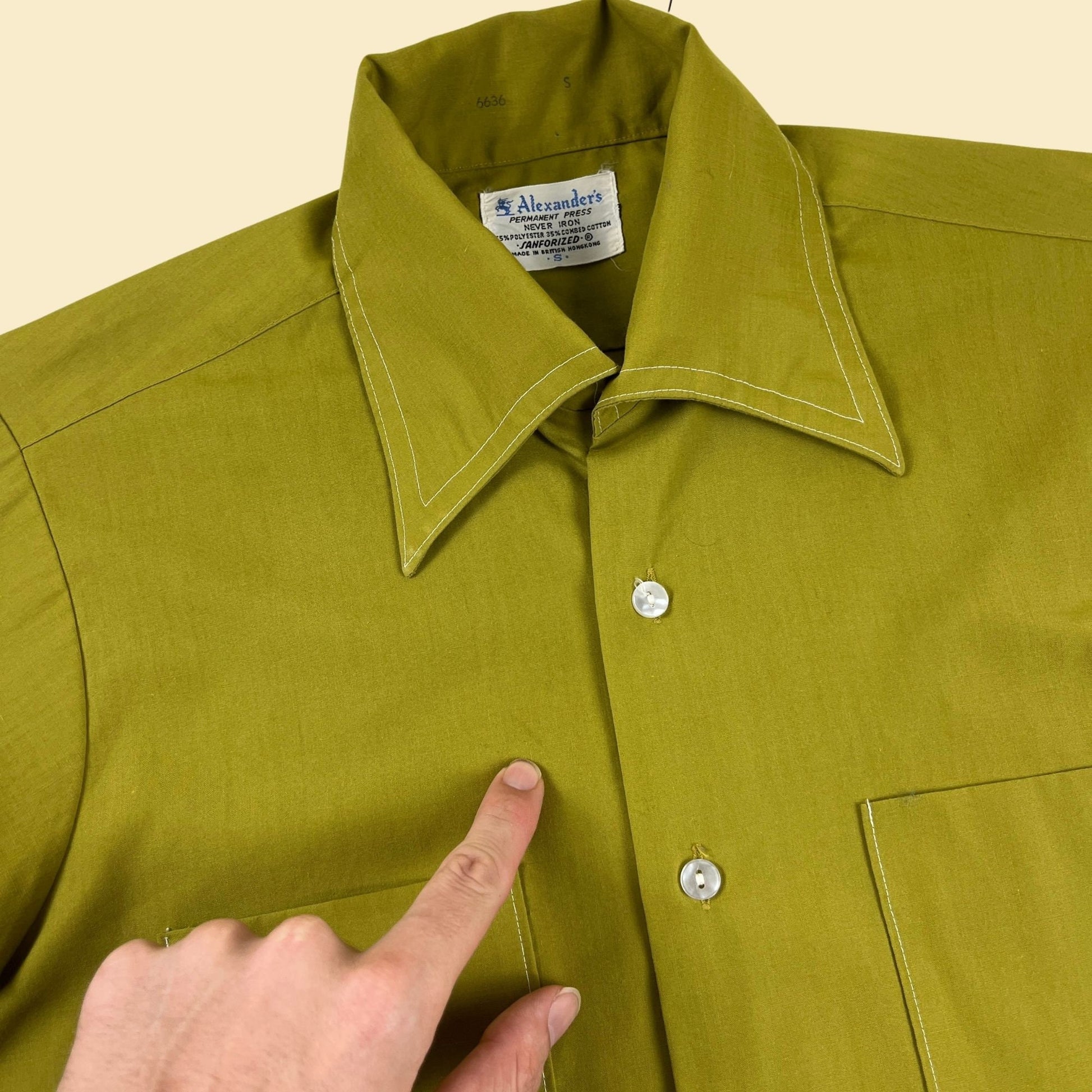 1970s S green shirt by Alexander's, vintage men's lime green button down short sleeve top