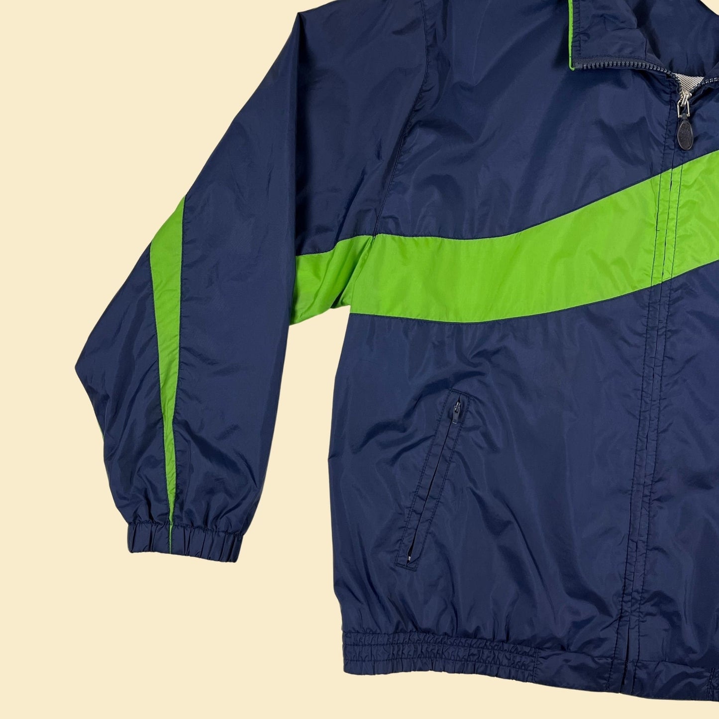 90s/Y2K windbreaker jacket, vintage XL women's blue & green zip up windbreaker by Rebecca Malone