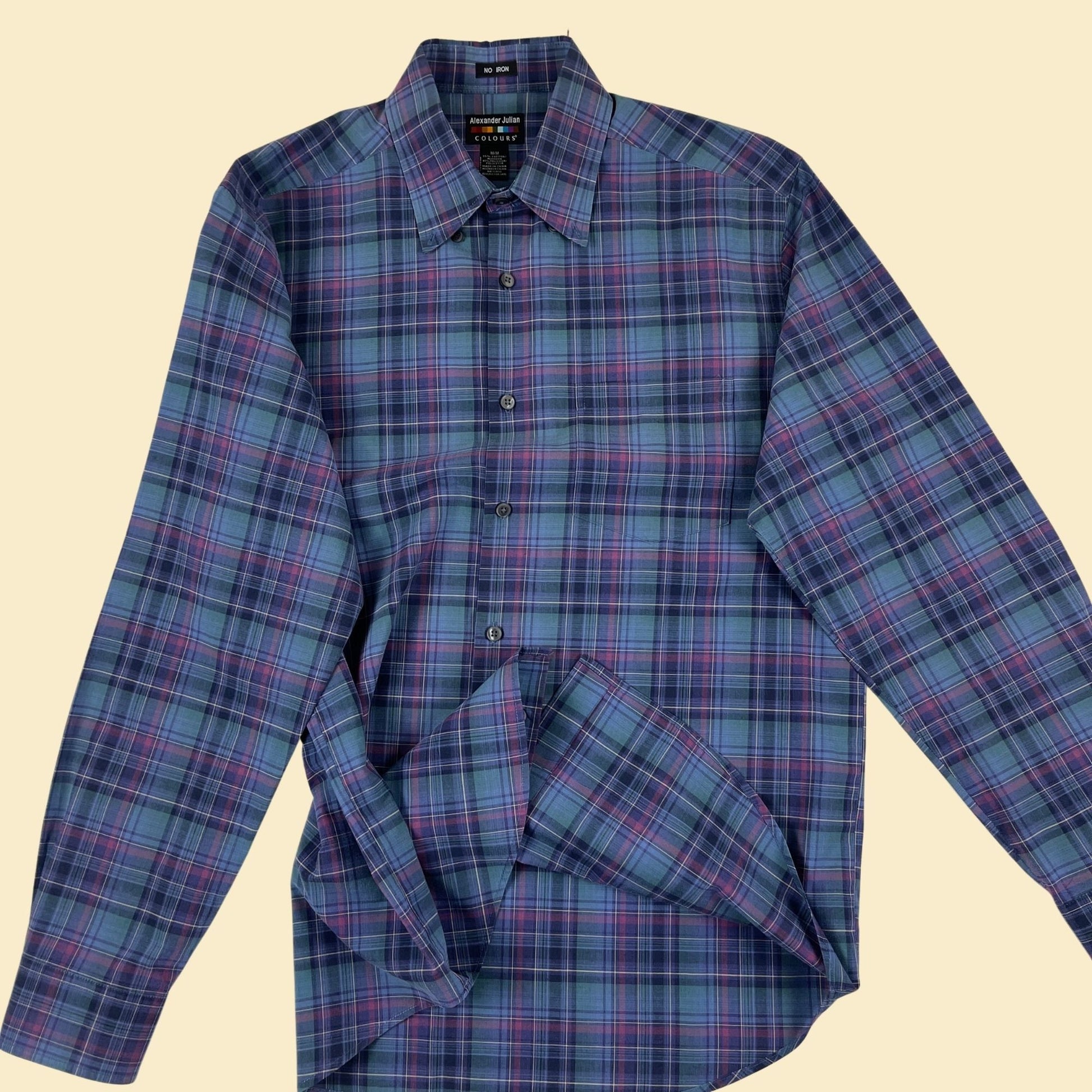 90s M plaid purple & blue shirt, vintage men's casual long sleeve button down by Alexander Julian Colours