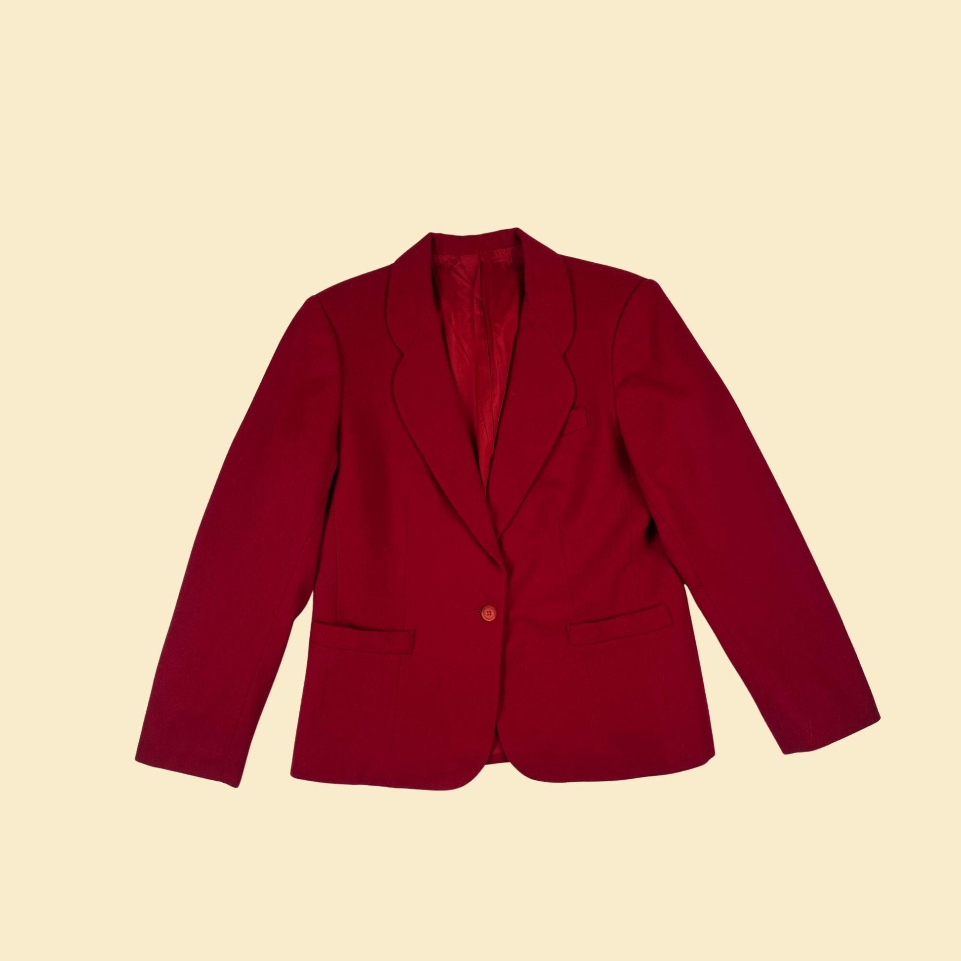 1980s red wool blazer, size 12 vintage women's 1-button jacket