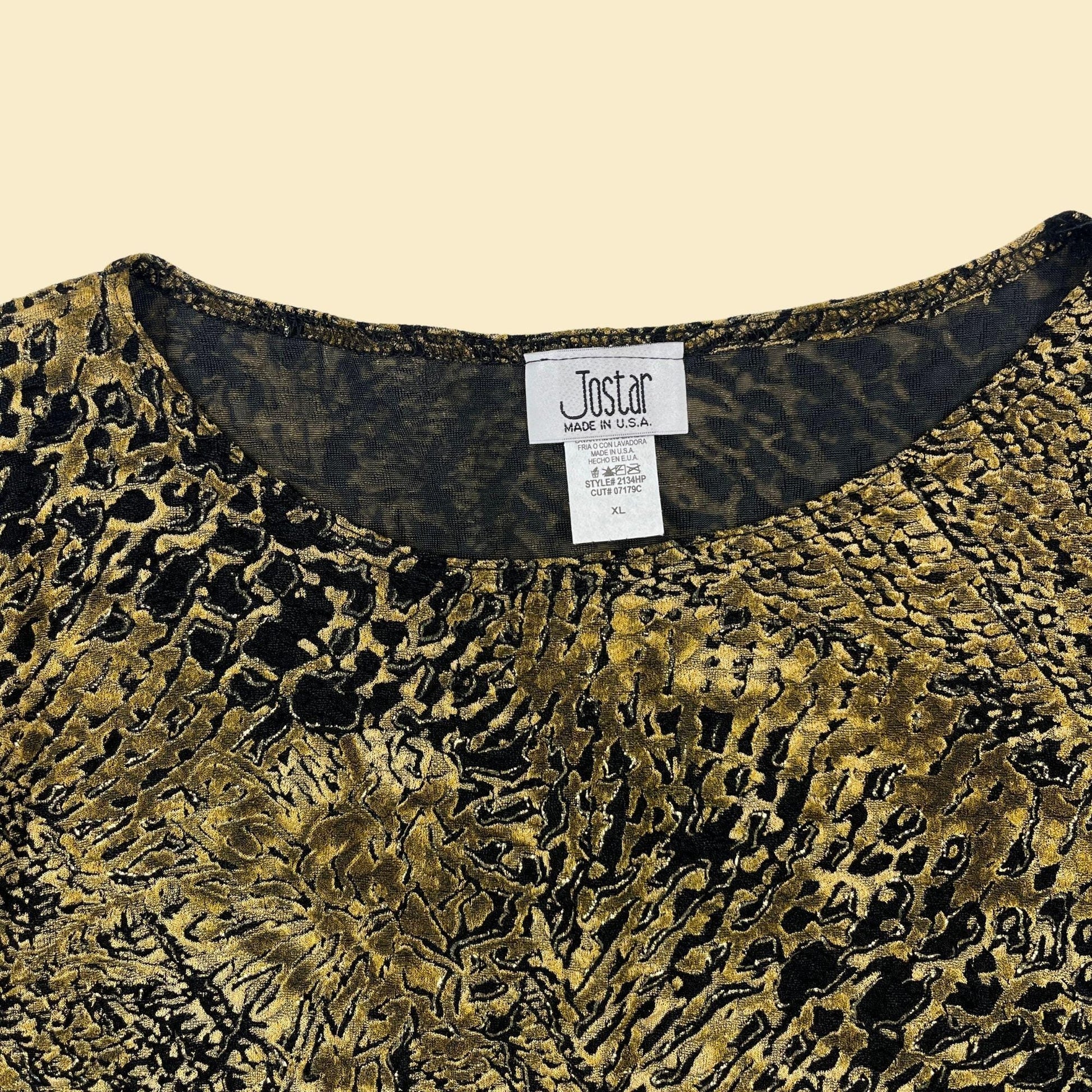 1980s XL black & gold blouse by Jostar, vintage scoop neck stretchy crinkle shirt w/ abstract metallic pattern