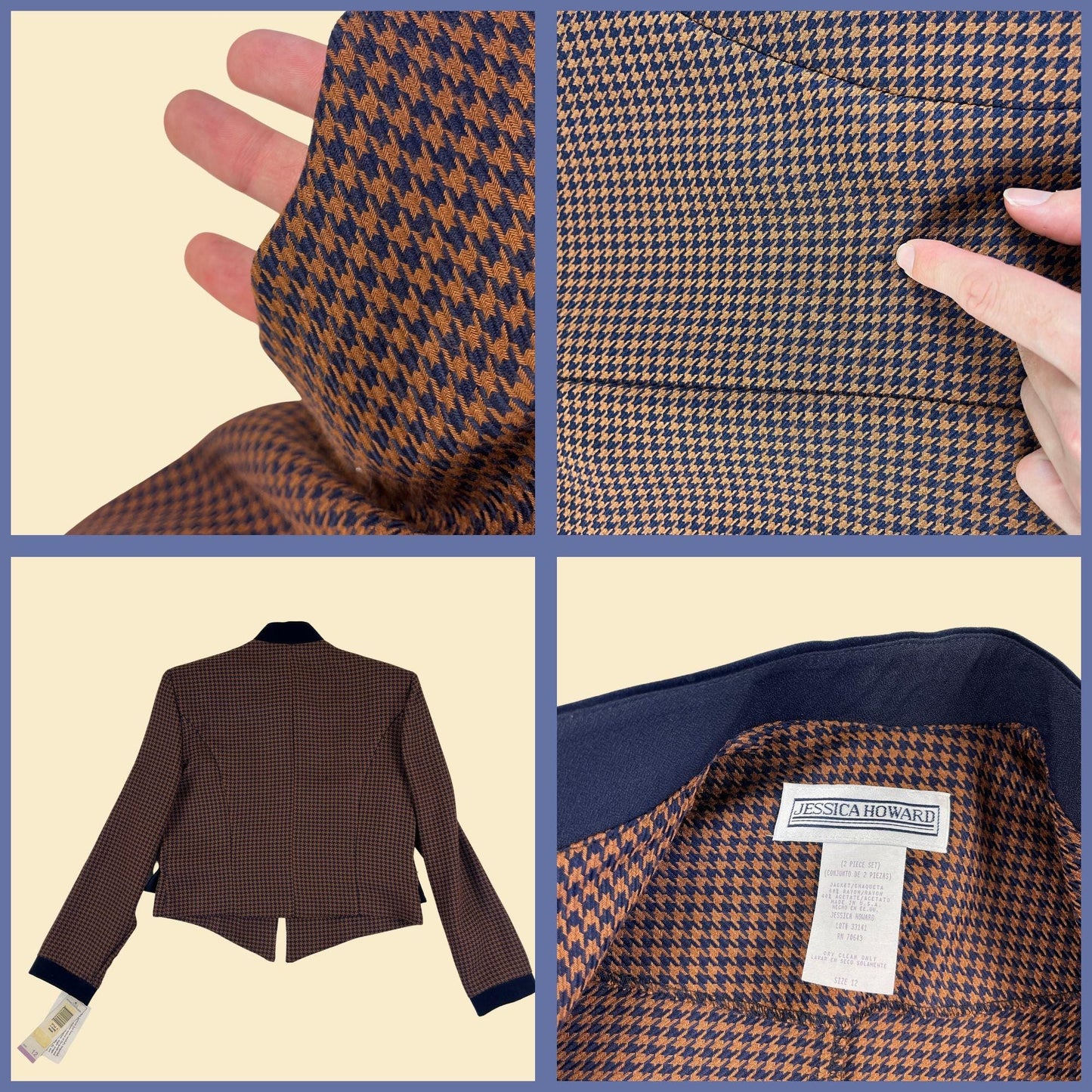 1990s Jessica Howard blue & brown jacket, size 12 vintage houndstooth check women's zip up jacket