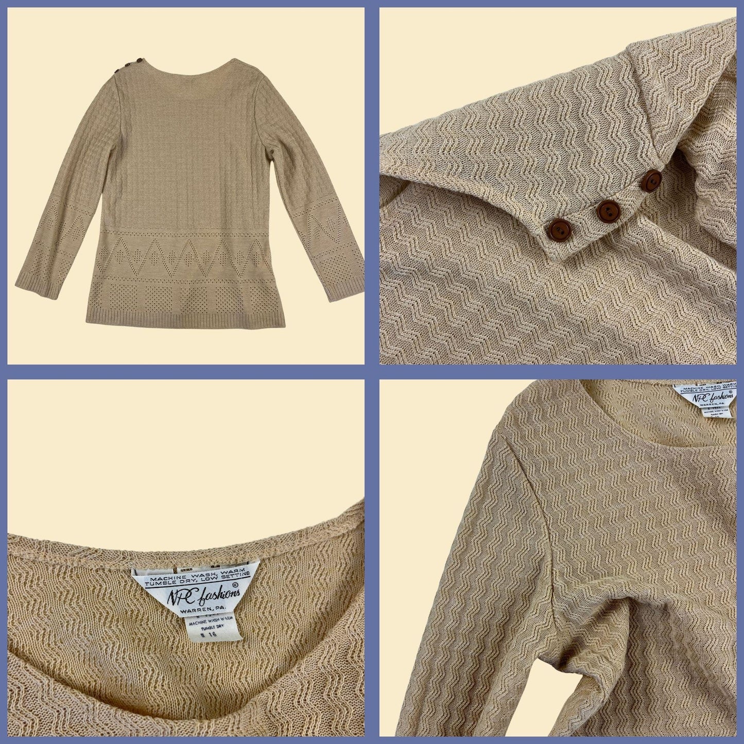 1970s knit cream sweater by NPC Fashions, vintage size 16 beige lightweight geometric lace-like pullover sweater