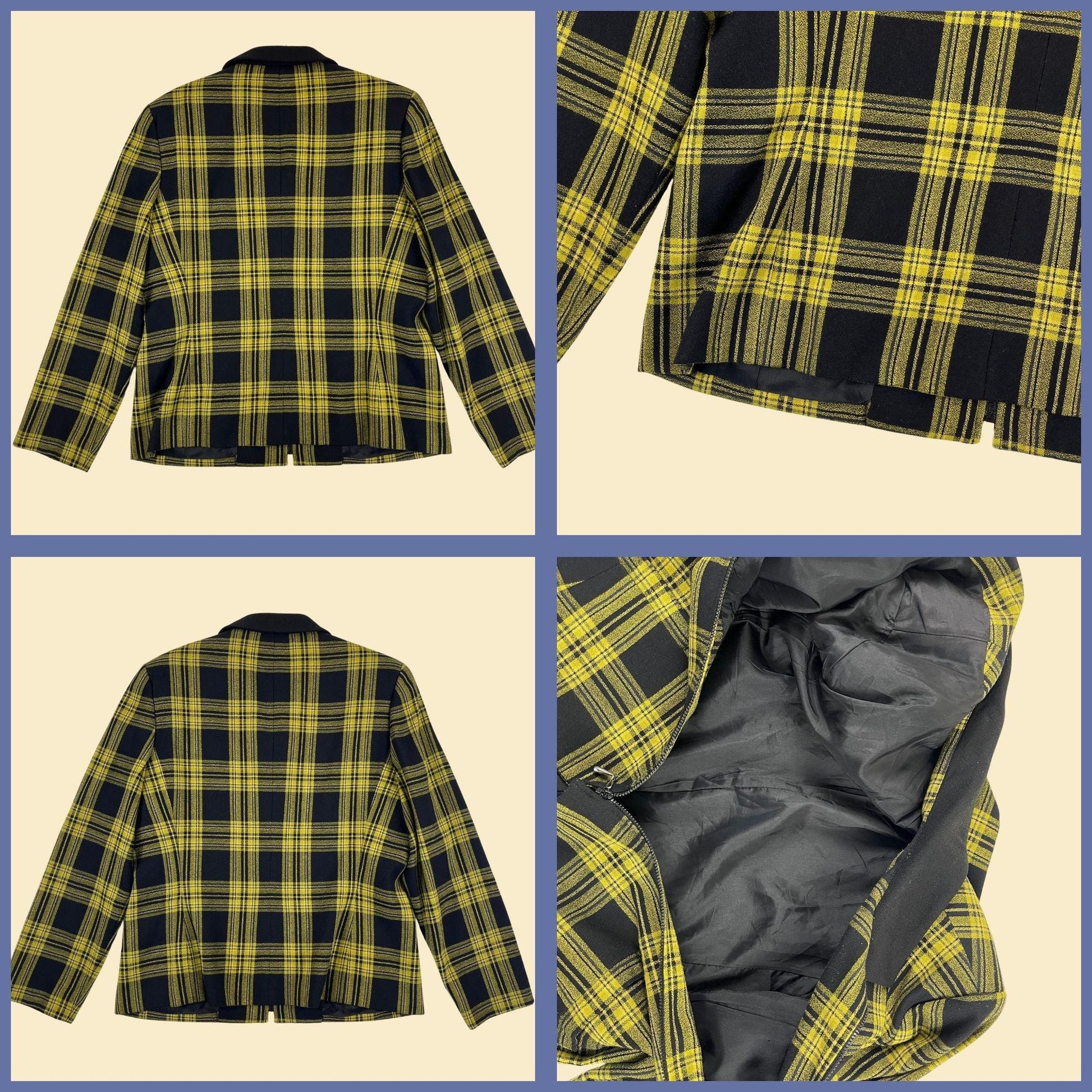 1990s plaid jacket, vintage size 14 black & yellow zip up preppy women's jacket by Kasper Company