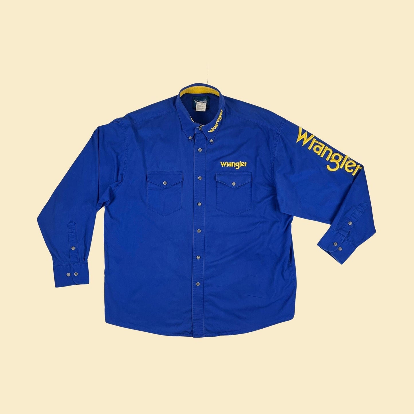 90s/Y2K Wrangler XL men's shirt, vintage blue & yellow long sleeve button down top with bubble lettering