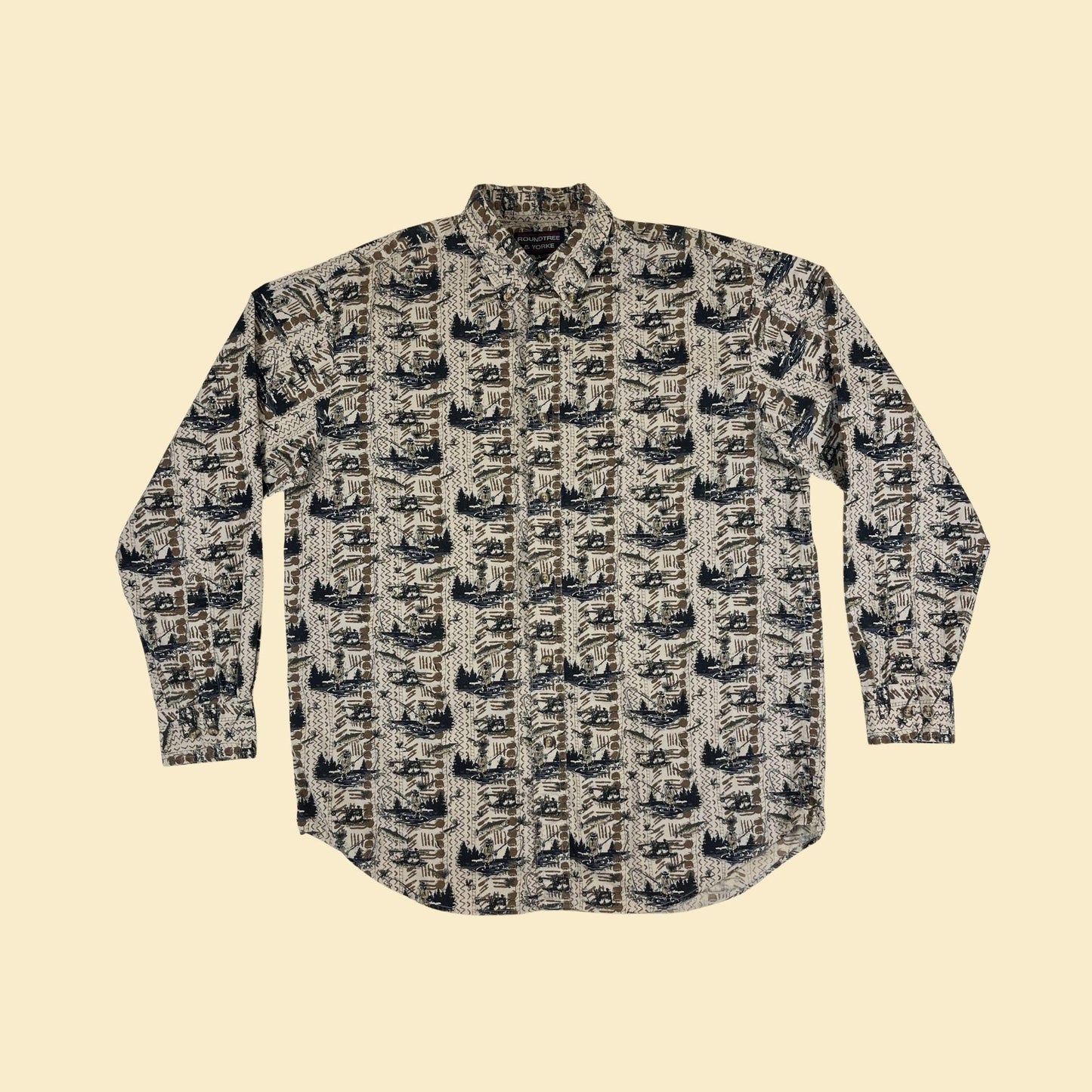 1990s M fishing shirt by Roundtree & Yorke, vintage beige/blue novelty print long sleeve men's top