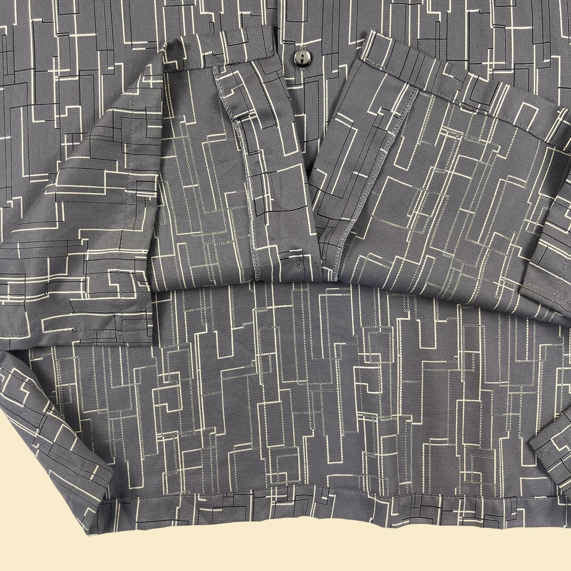 70s/80s M geometric shirt by Alan Stuart, grey & white long sleeve men's button down