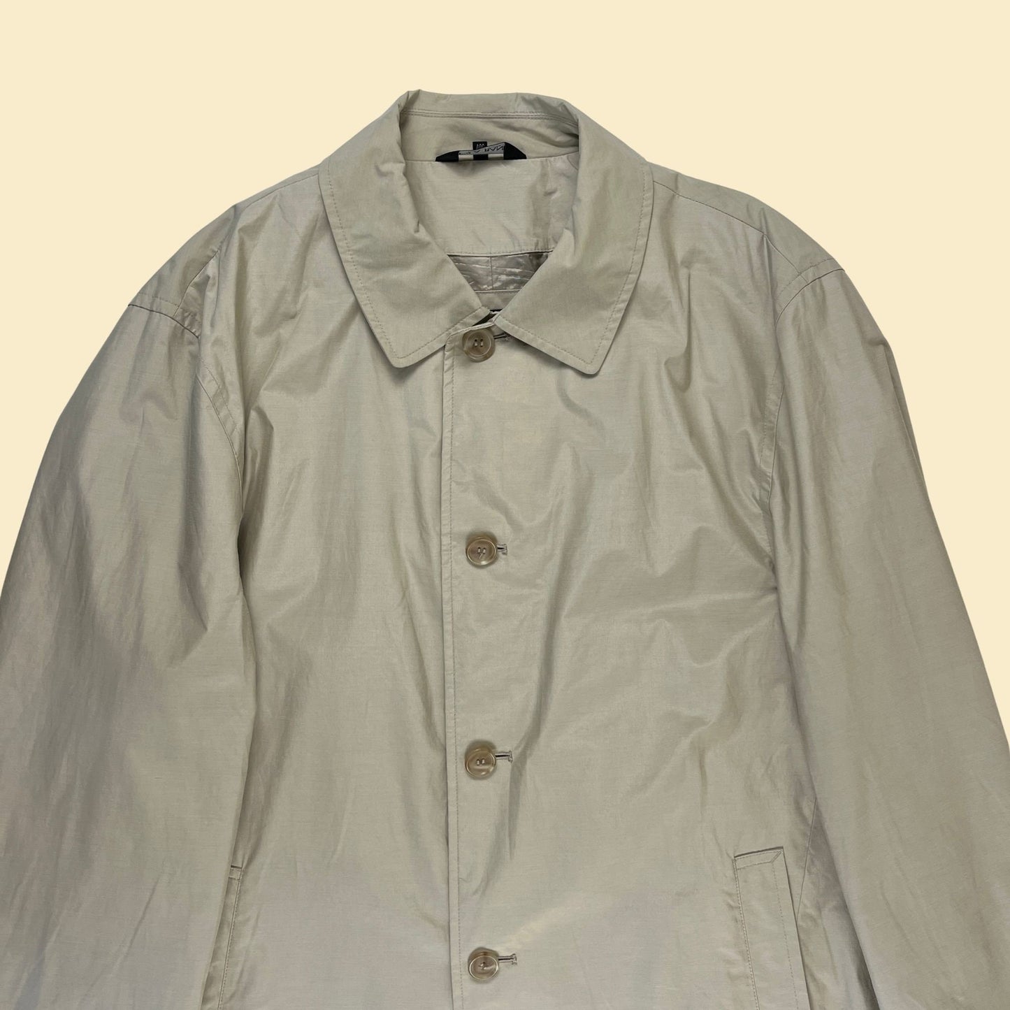 90s/Y2K men's S 40 trench coat by Jos A Bank, vintage beige men's button down lightweight nylon/cotton jacket