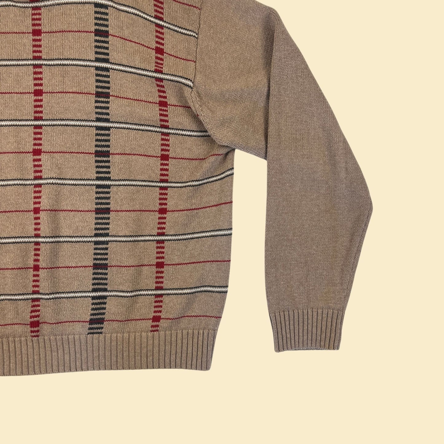 90s/Y2K XL sweater, brown & red vintage cotton knit men's crewneck pullover sweater