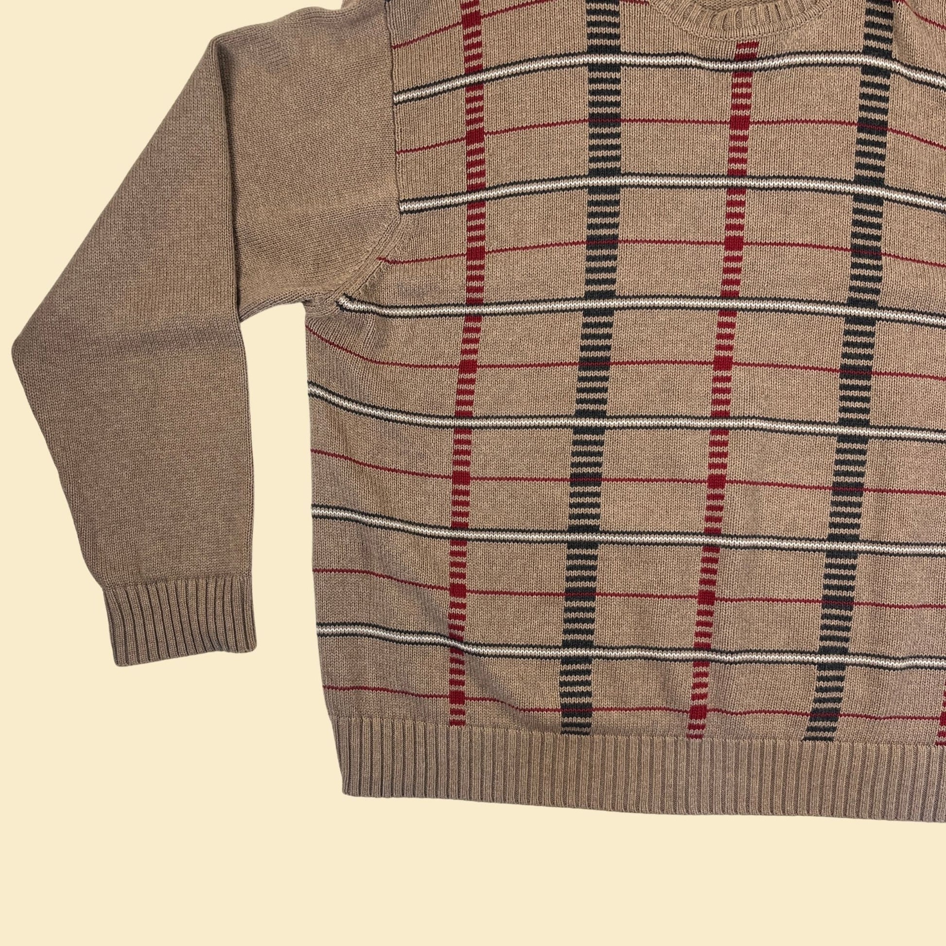 90s/Y2K XL sweater, brown & red vintage cotton knit men's crewneck pullover sweater