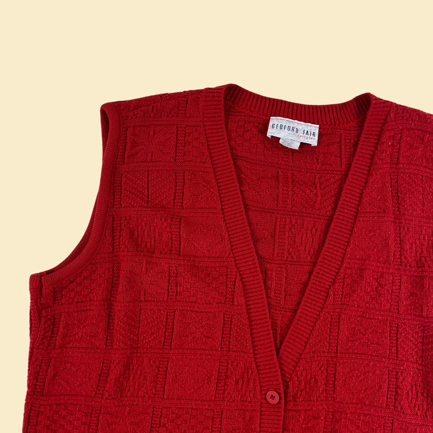 1980s red sweater vest, vintage size 1X solid red women's knit button up sleeveless sweater by Bedford Fair