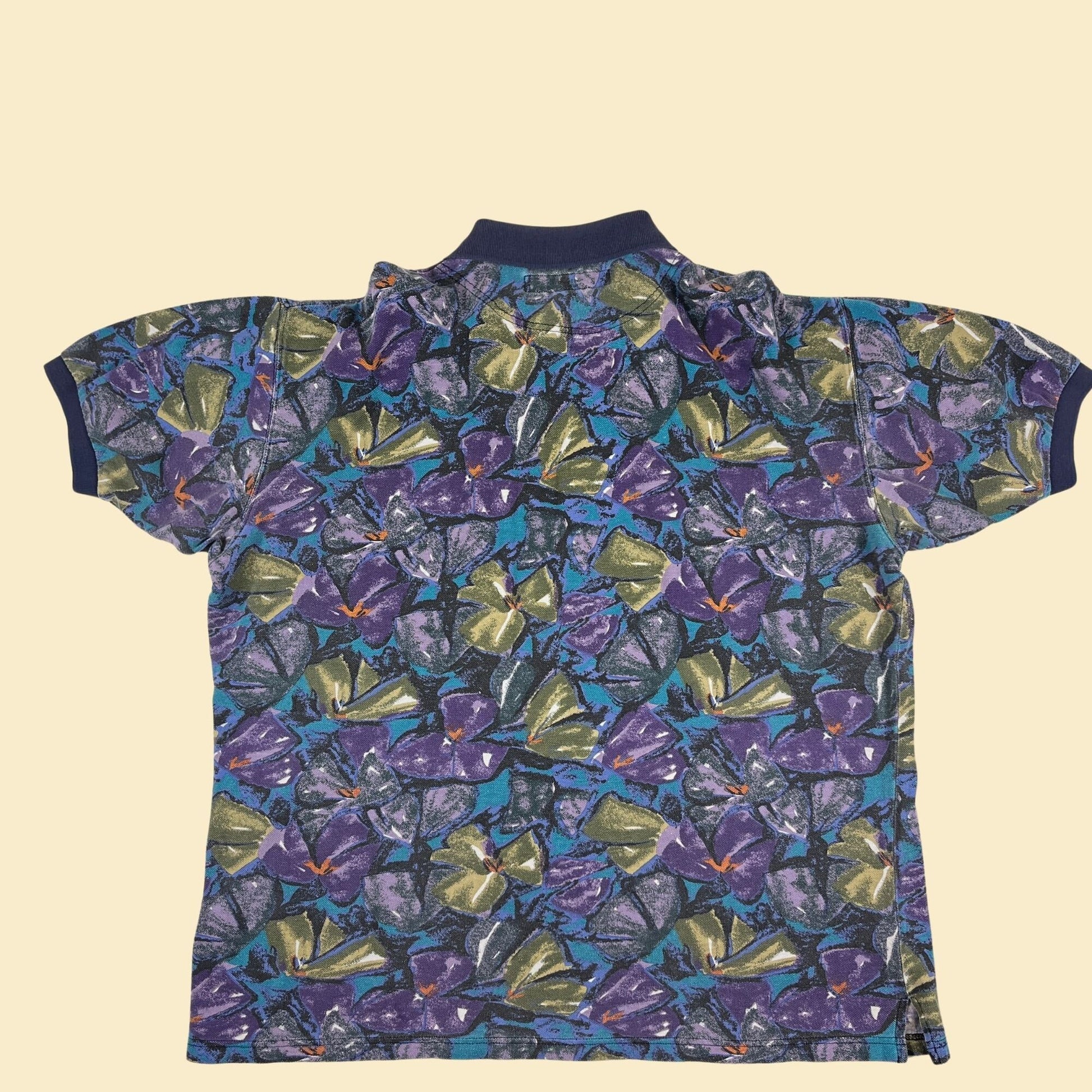 1990s XL polo shirt by Baxter International, vintage floral purple & teal men's casual short sleeve top