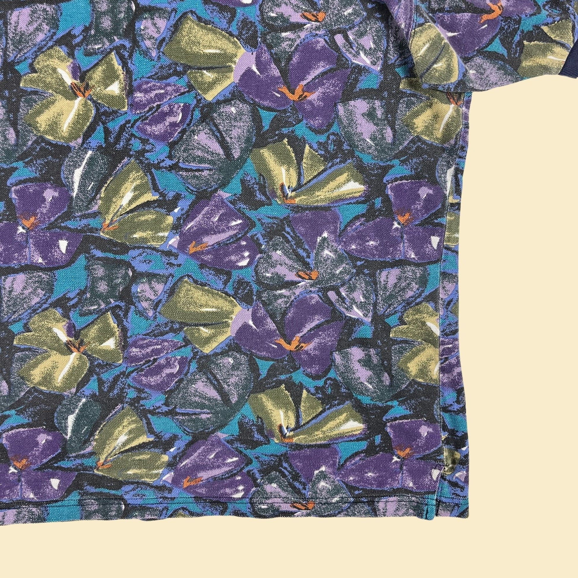 1990s XL polo shirt by Baxter International, vintage floral purple & teal men's casual short sleeve top