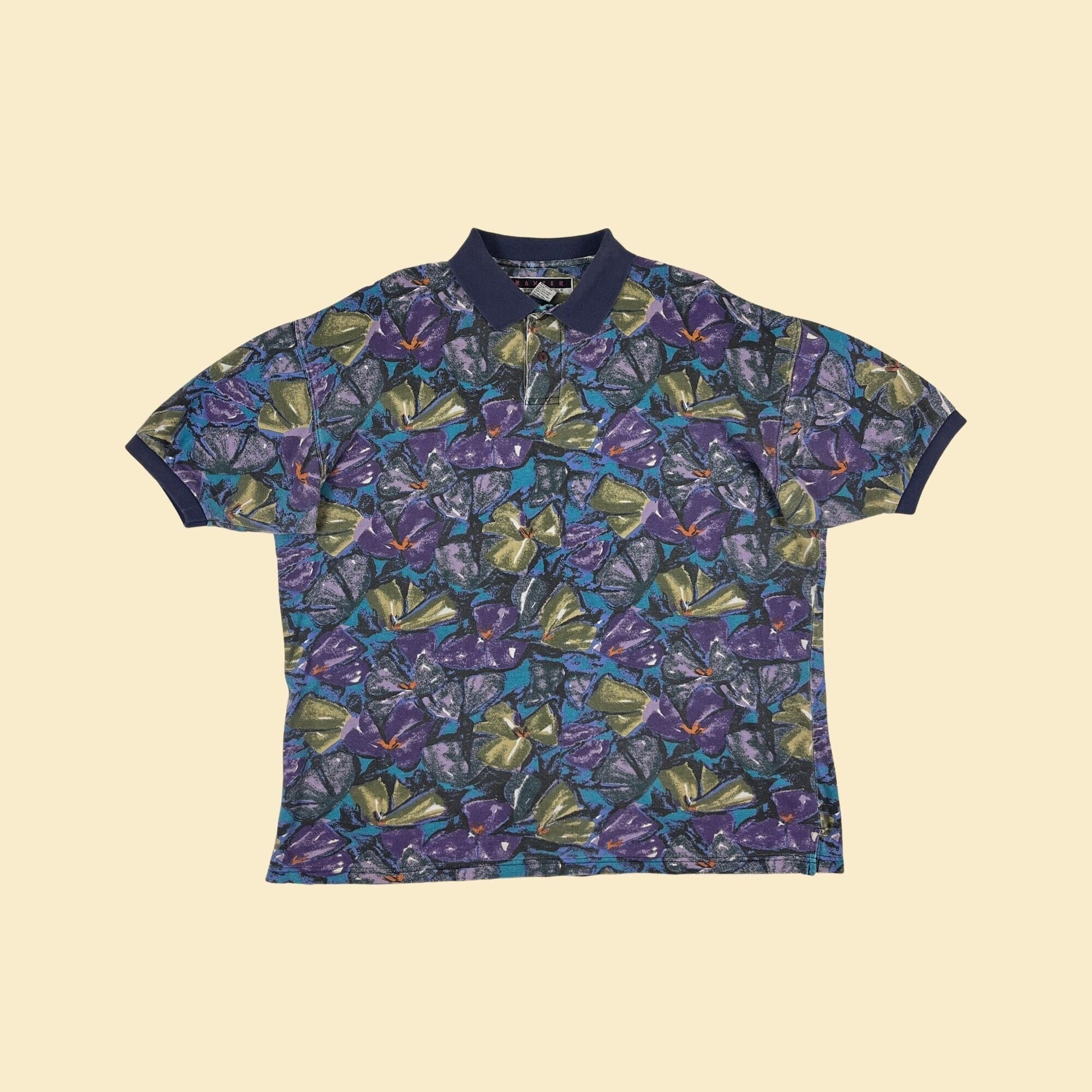 1990s XL polo shirt by Baxter International, vintage floral purple & teal men's casual short sleeve top