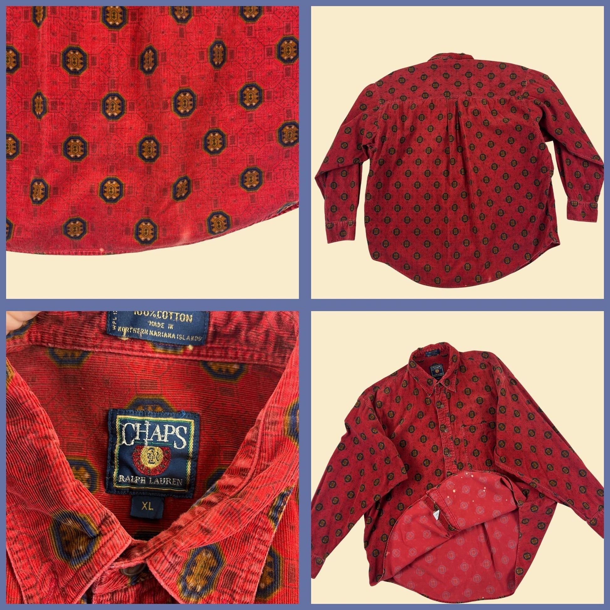 90s XL Chaps Ralph Lauren shirt, vintage burgundy corduroy abstract geometric men's button down top