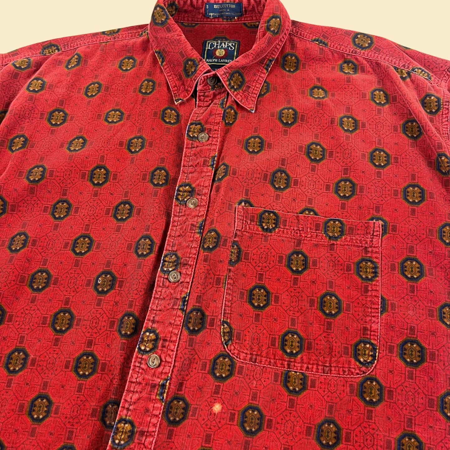 90s XL Chaps Ralph Lauren shirt, vintage burgundy corduroy abstract geometric men's button down top