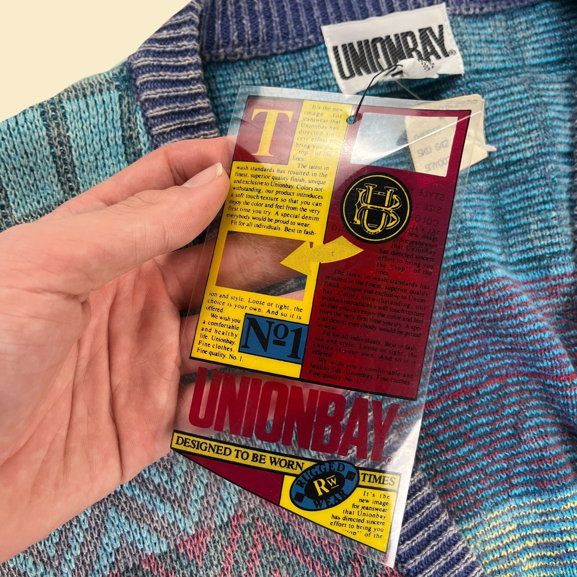 90s XL geometric vest by UnionBay, New Old Stock vintage men's blue & purple knit cotton button up sweater