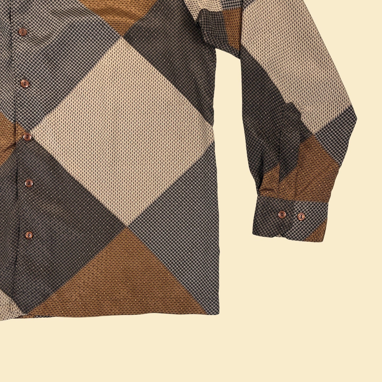 60s/70s geometric shirt by Porter Stevens by Alan Stuart, vintage size L to XL brown/beige men's button down