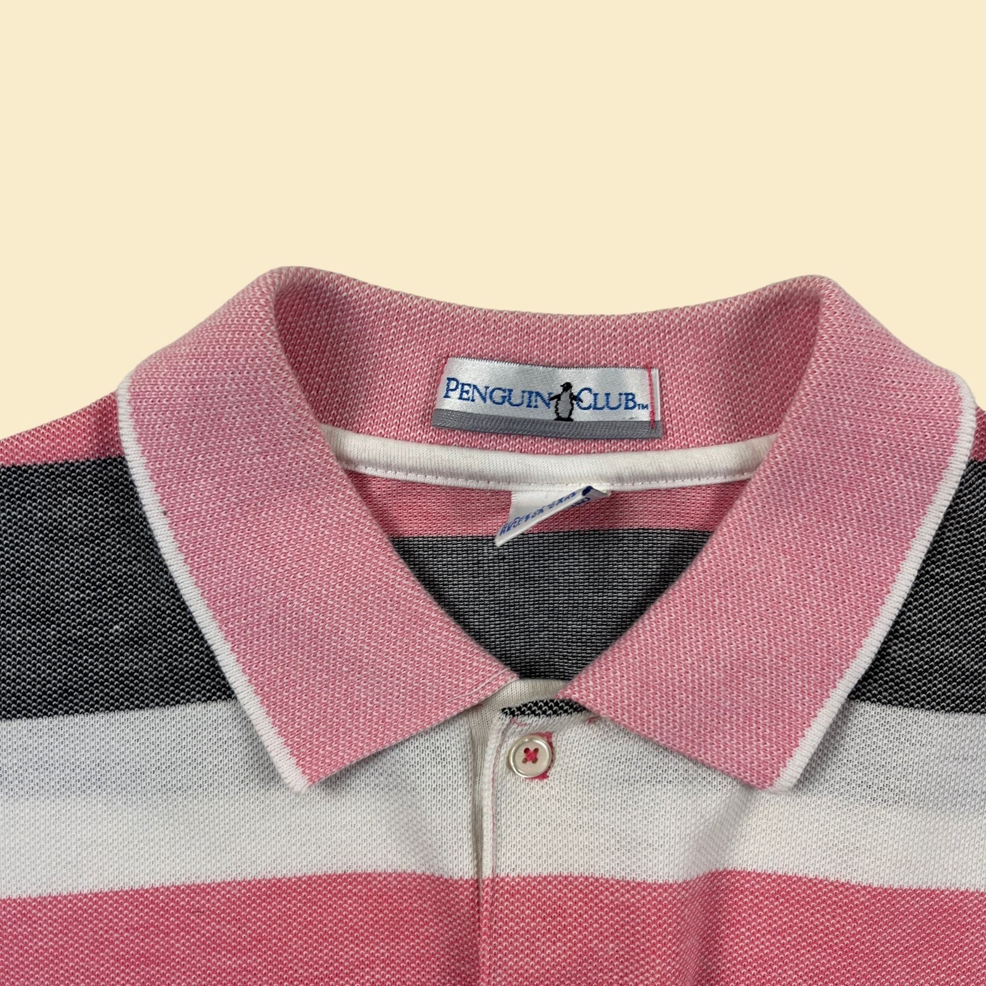 90s L pink polo shirt by Penguin Club, vintage pink & grey striped men's short sleeve top