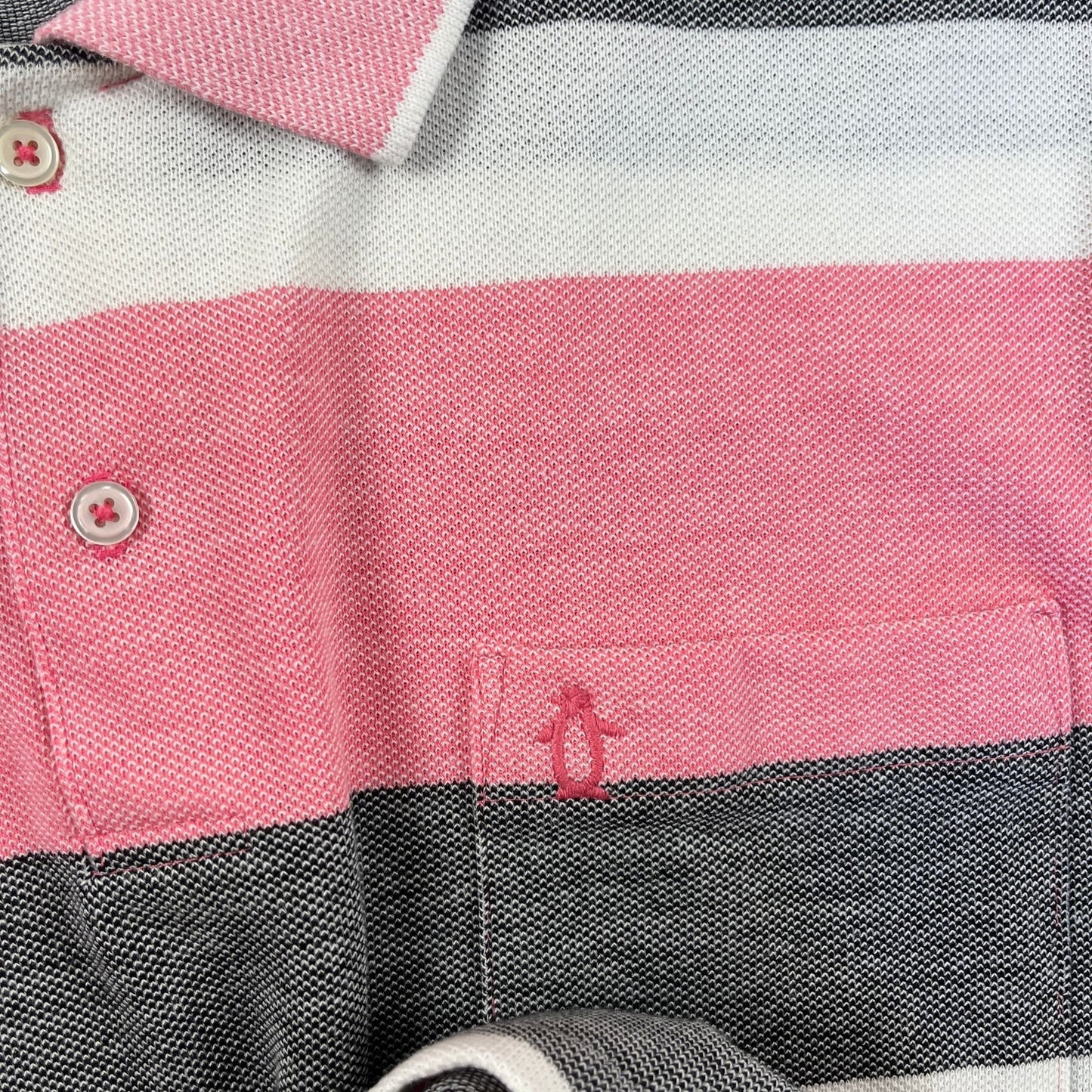 90s L pink polo shirt by Penguin Club, vintage pink & grey striped men's short sleeve top