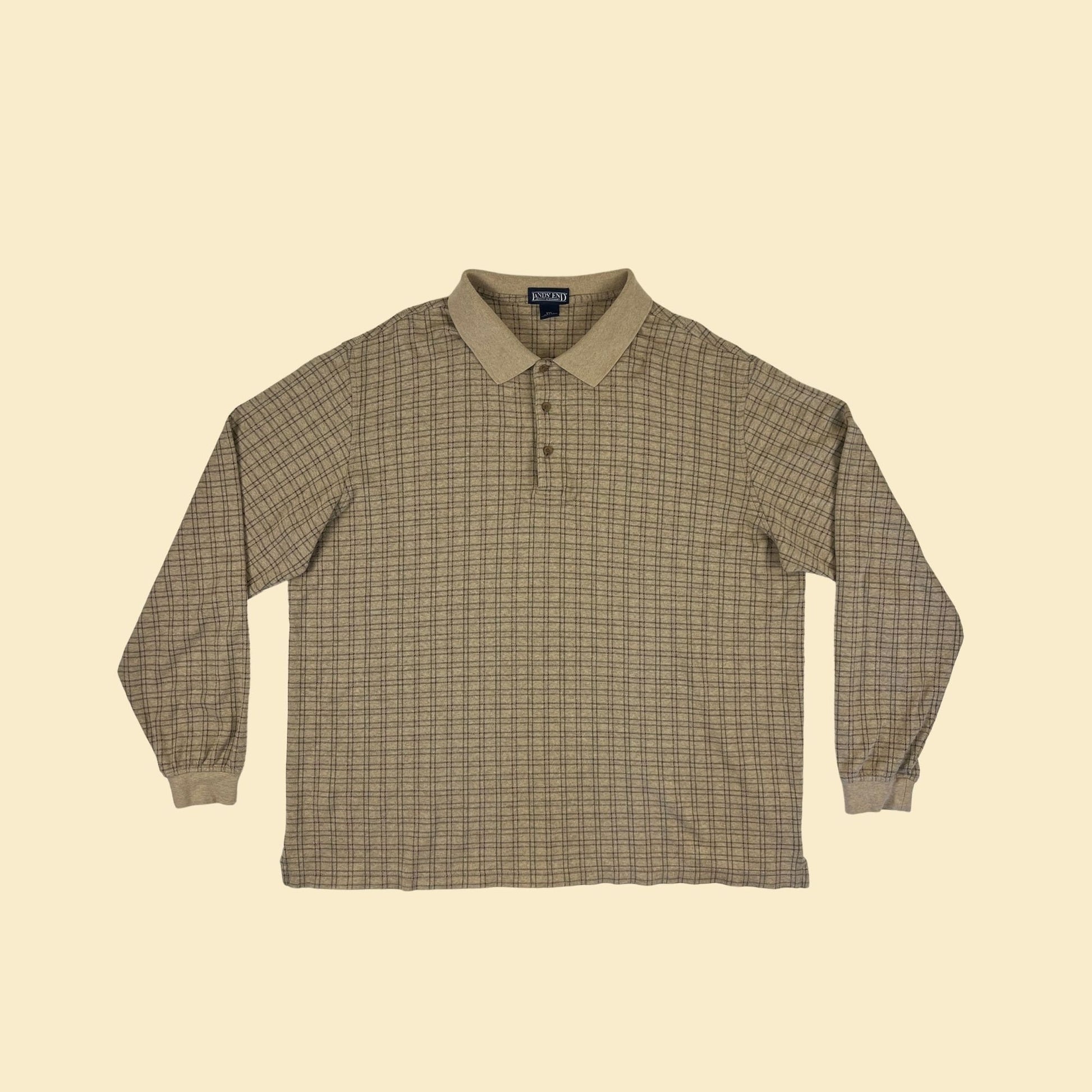 90s Lands' End XXL polo shirt, vintage beige & green grid/geometric men's long sleeve cotton shirt