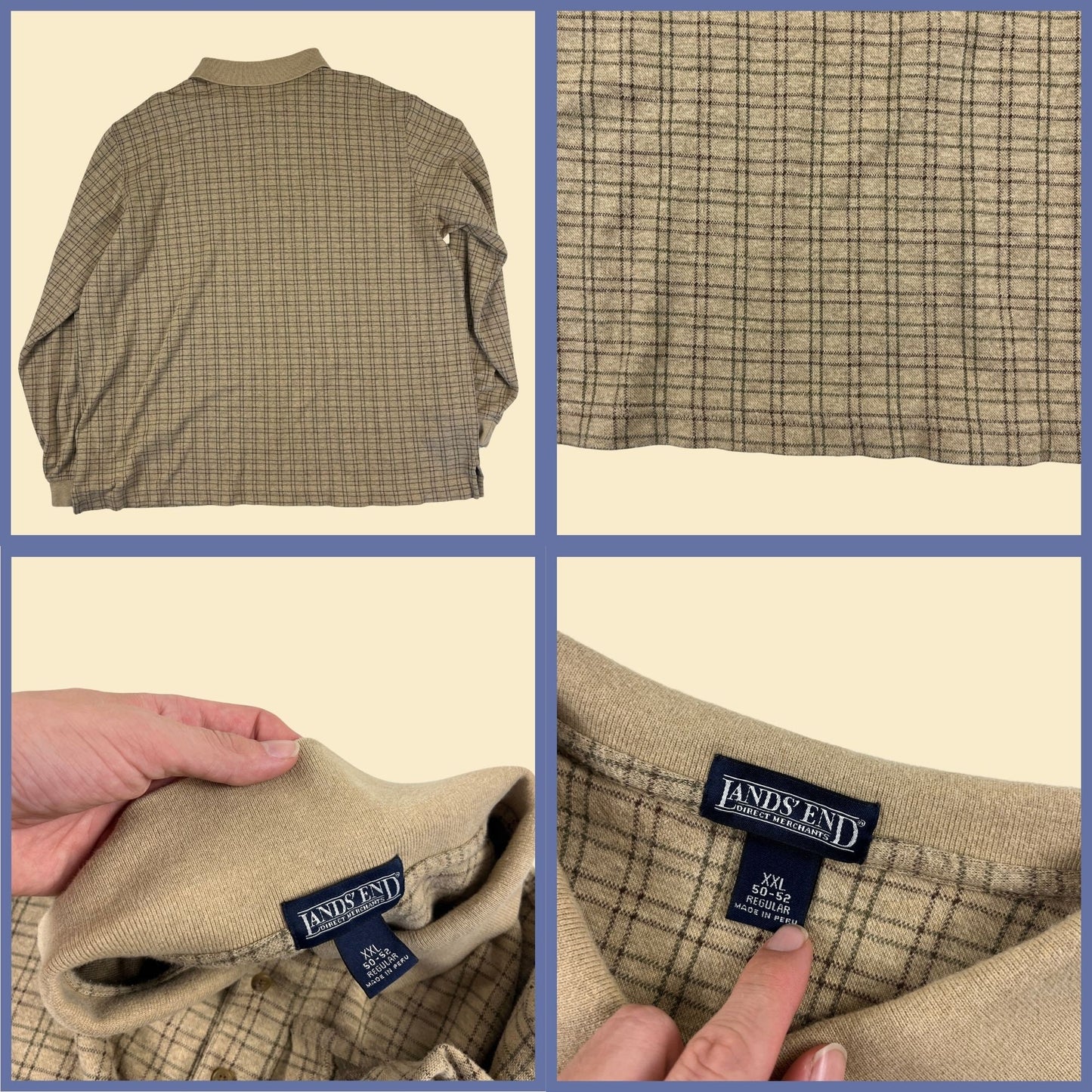 90s Lands' End XXL polo shirt, vintage beige & green grid/geometric men's long sleeve cotton shirt